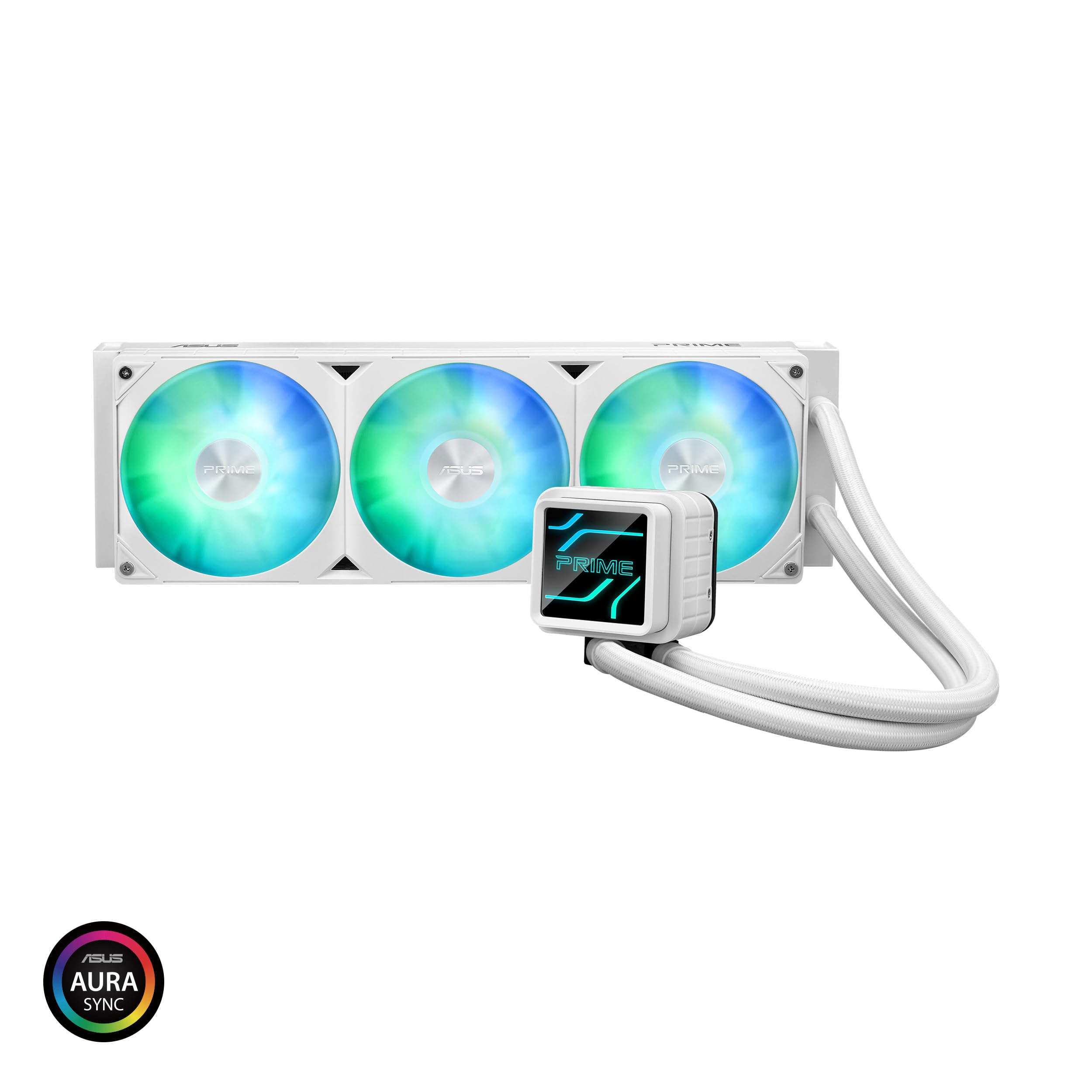 ASUS Prime LC 360 ARGB White Edition all-in-one CPU liquid cooler with special CPU contact area & finned channel, water block with infinity mirror lens options, pre-installed ARGB fans & Aura lighting 6