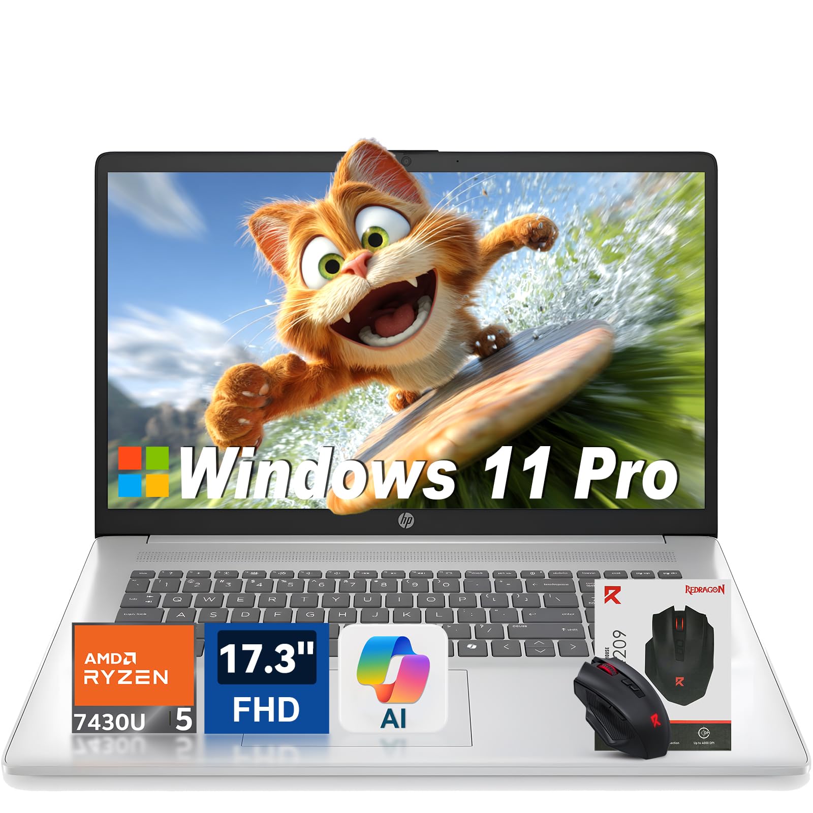 HP 17 inch Laptop, AMD Ryzen 5 7430U, 16GB RAM 512GB SSD, 17.3" FHD IPS Display, Windows 11 Pro, Copilot AI, Numeric Keypad, Type-C for Business & Work, Patented Accessory Kit