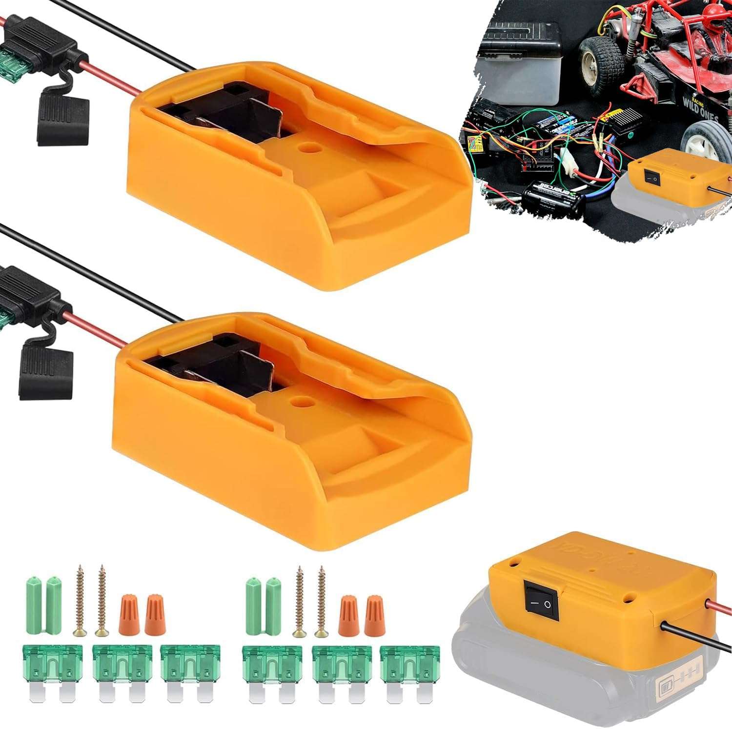 2 Pack Power Wheel Adapter for Dewalt 20V Battery Power Wheel Battery Conversion Kit with Switch, Fuse & Wire Terminals Switch Fuse Holder, Yellow 1