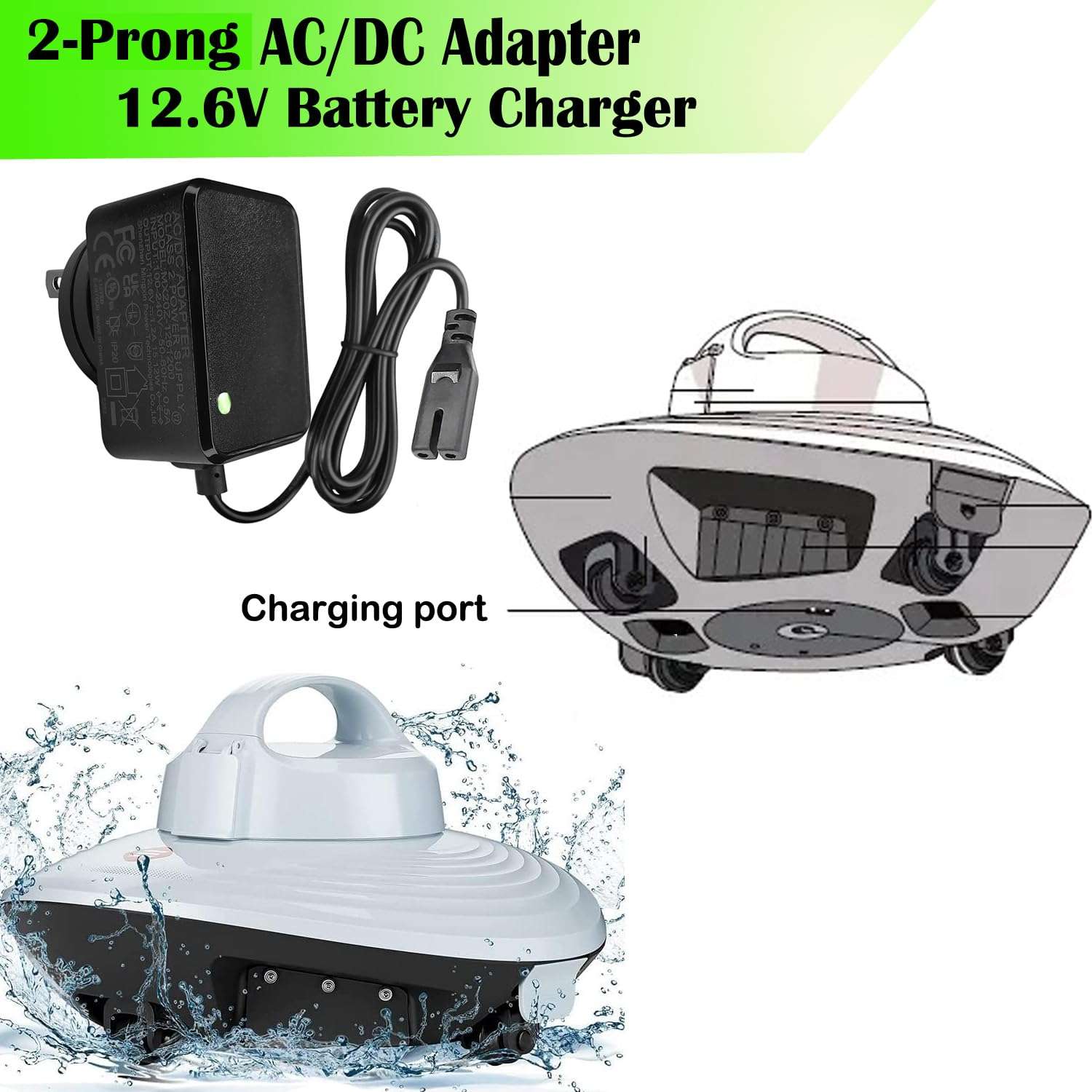 2-Prong 12.6V 1.2A AC/DC Adapter for Hydrus Seauto Roker+ Plus SE PC03 Aiper Scuba SE Grennix RKVC-YC003 G900 G905 Cordless Robotic Swimming Pool Vacuum Cleaner MX20Z-1261200 1A Power Supply Charger 4