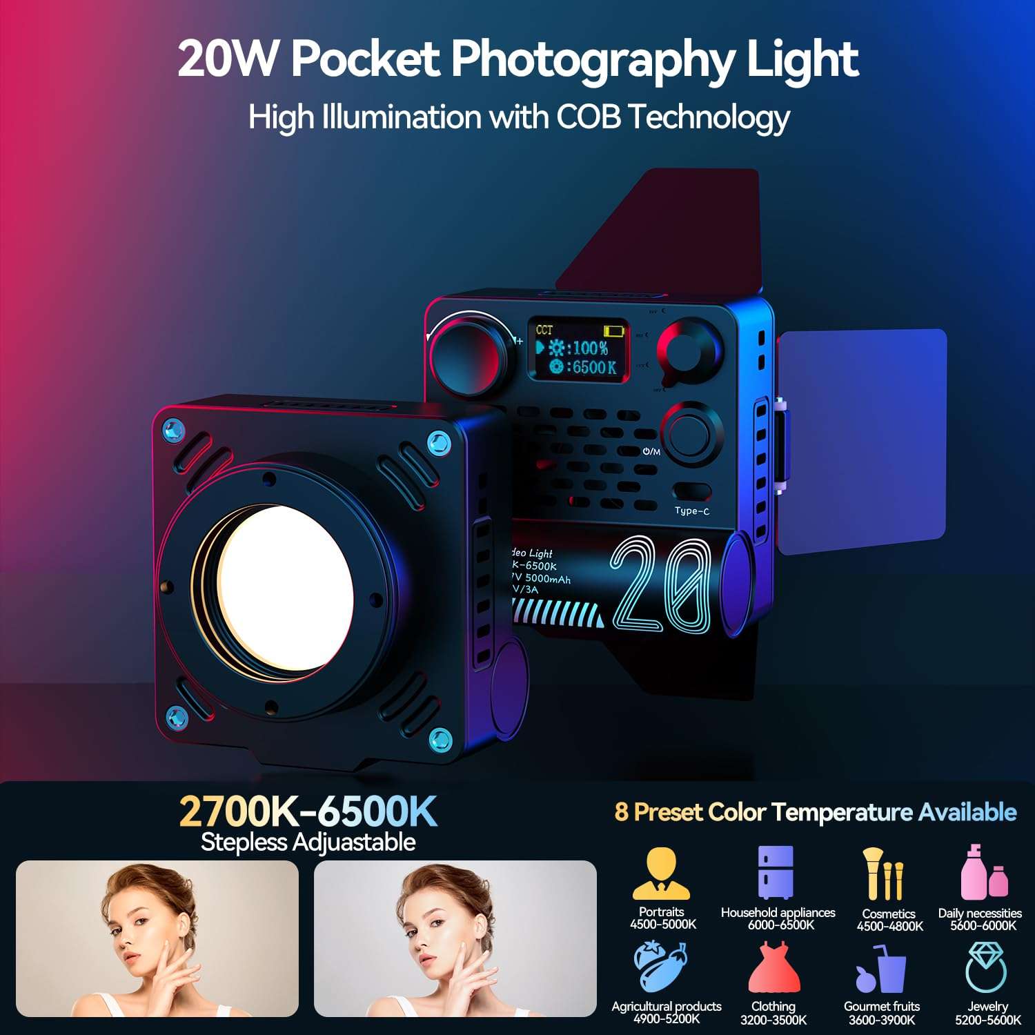 Takerers Bi-Color Video Light, 20W COB 5000mAh Portable Camera Photography Light, CRI 95+, 2700-6500K, 12 Light Effects, 8 Preset CCT, Magnetic Honeycomb Grid, Silicone Diffuser & Barn Door Included 4