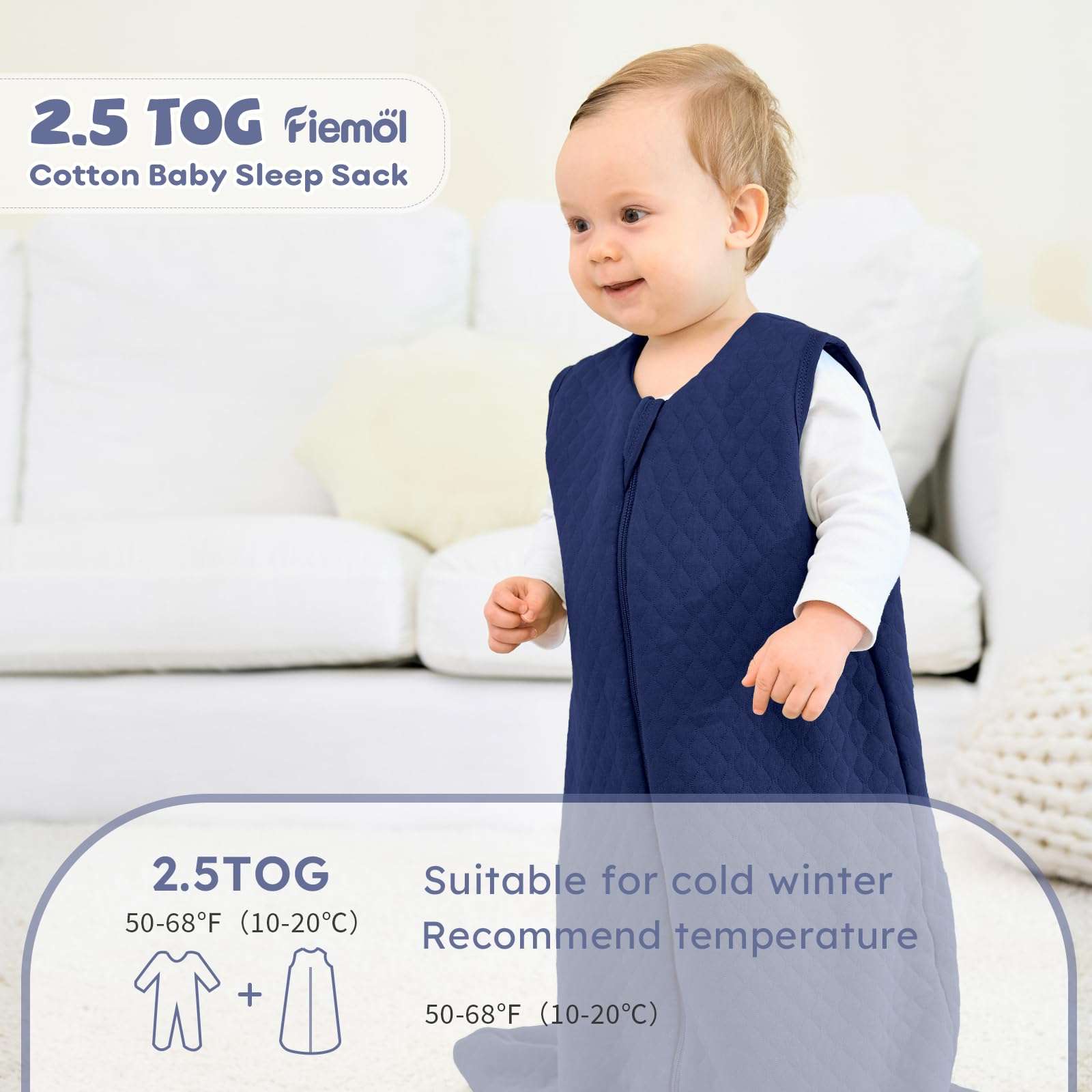 Baby Sleep Sack 0-6 Months 2.5 TOG, Winter Cotton Sleep Sacks Newborn and Infant, Warm Quilted Baby Wearable Blanket, Newborn Sleeping Bag with 2-Way Zipper Blue 1 Pack 3