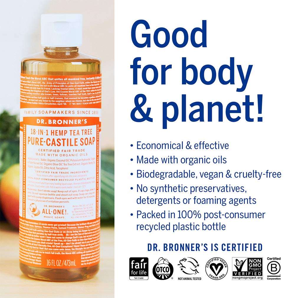 Dr. Bronner’s - Pure-Castile Liquid Soap (Tea Tree, 16 ounce) - Made with Organic Oils, 18-in-1 Uses: Acne-Prone Skin, Dandruff, Laundry, Pets and Dishes, Concentrated, Vegan, Non-GMO 4