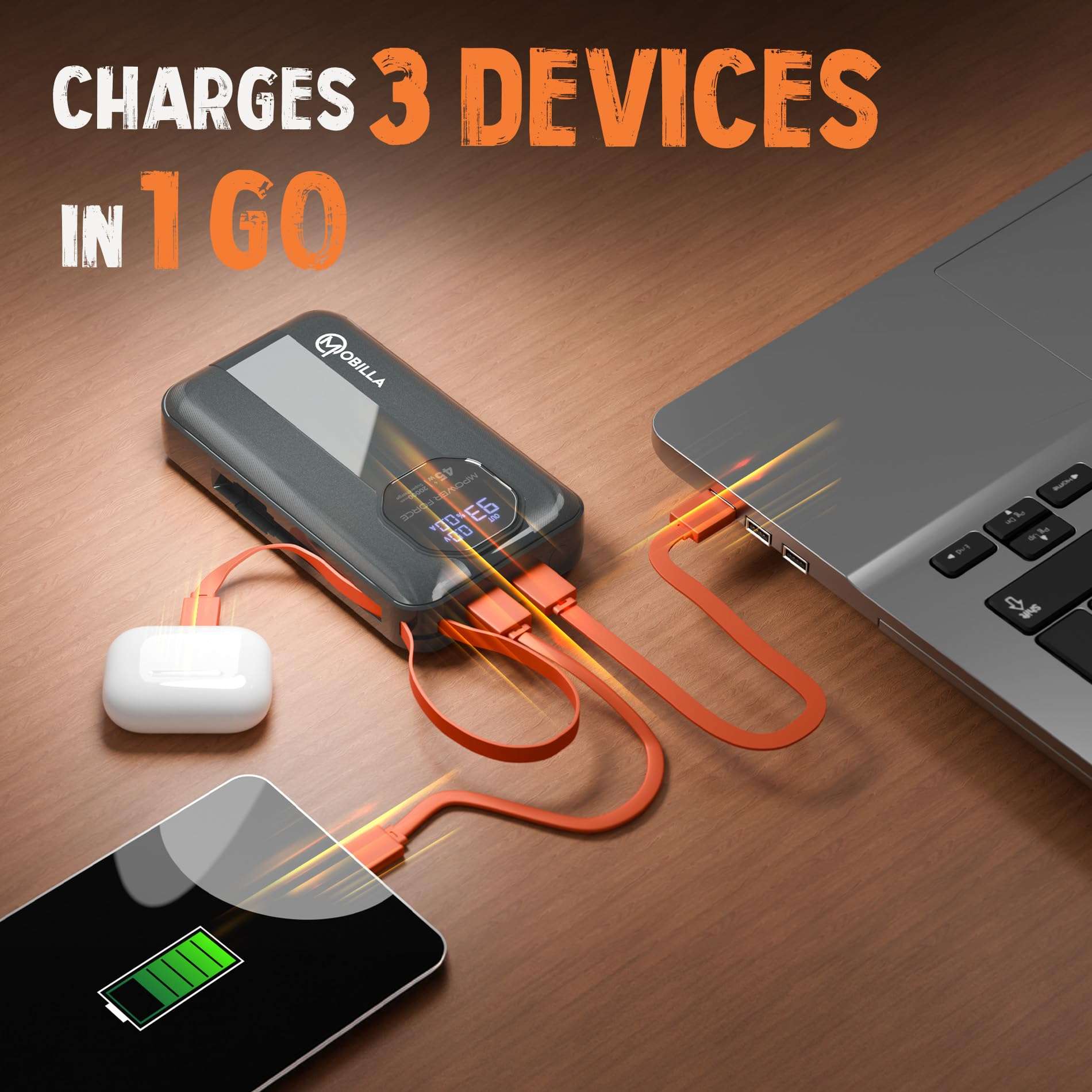 MPower Force Laptop Powerbank | 45W Fast Charging | 20000mAh Battery Capacity | Built-in Type-C & Detachable Lightning Cables | Charges 3 Devices at Once (Black) 3