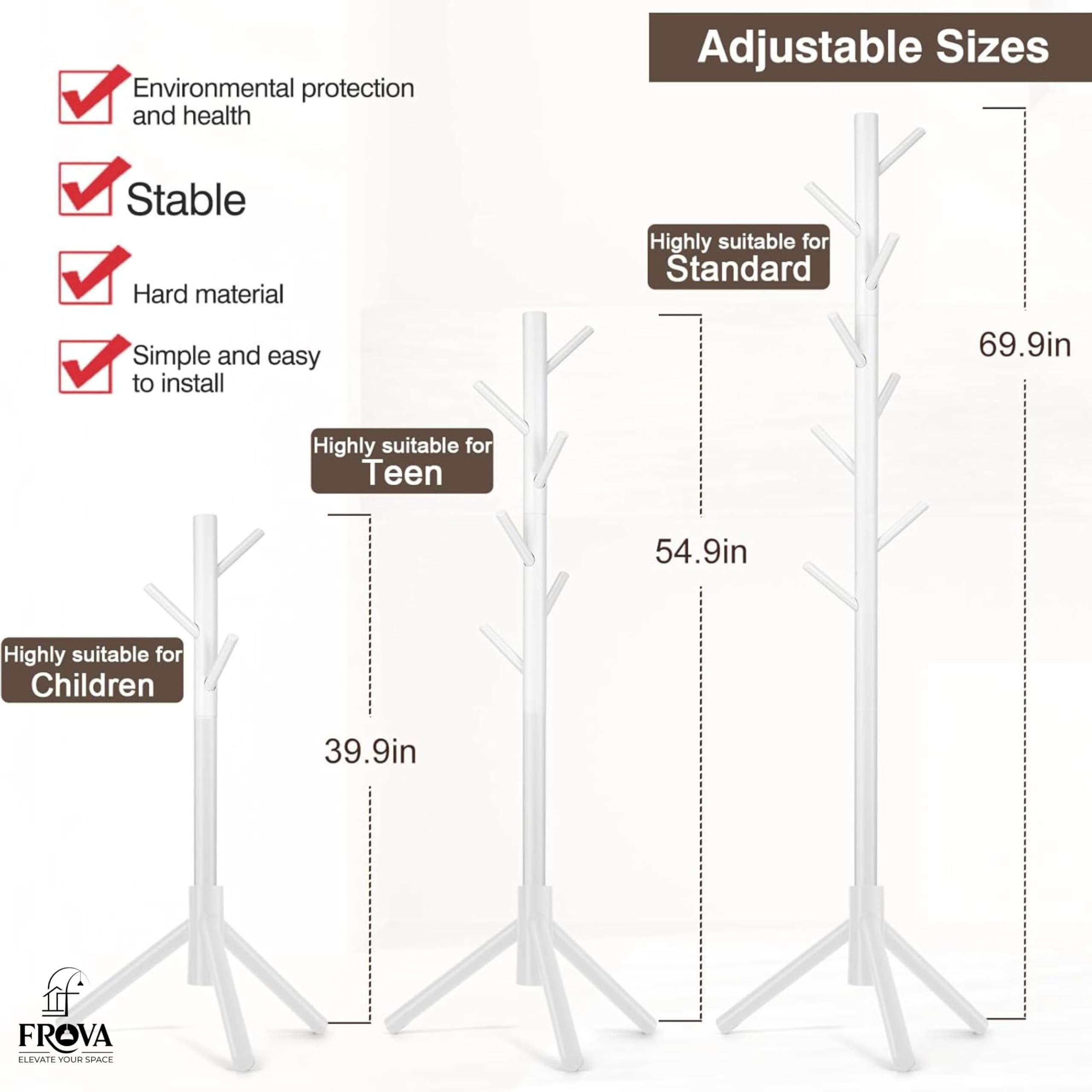 FROVA Wooden Clothes Hanging Stand with 8 Hooks | Free Standing Coat Hanger for Home | Ideal for Coats, Hats, Bags & Scarves | Cloth Stand for Bedroom | 9x9x68 inch, 1 Piece (White) 4