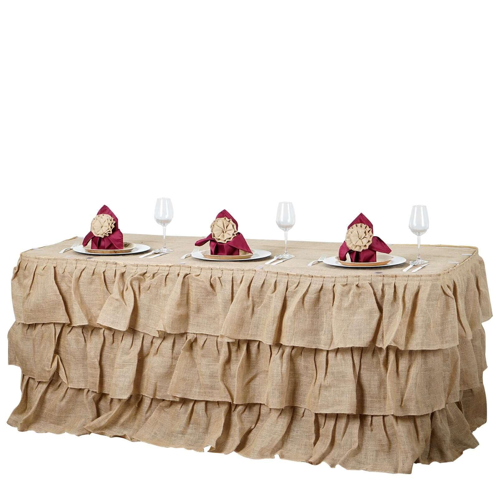 Efavormart 3 Tier Rustic Elegant Ruffled Burlap Table Skirt for Kitchen Dining Catering Wedding Party Decorations Events - 14 Ft 4