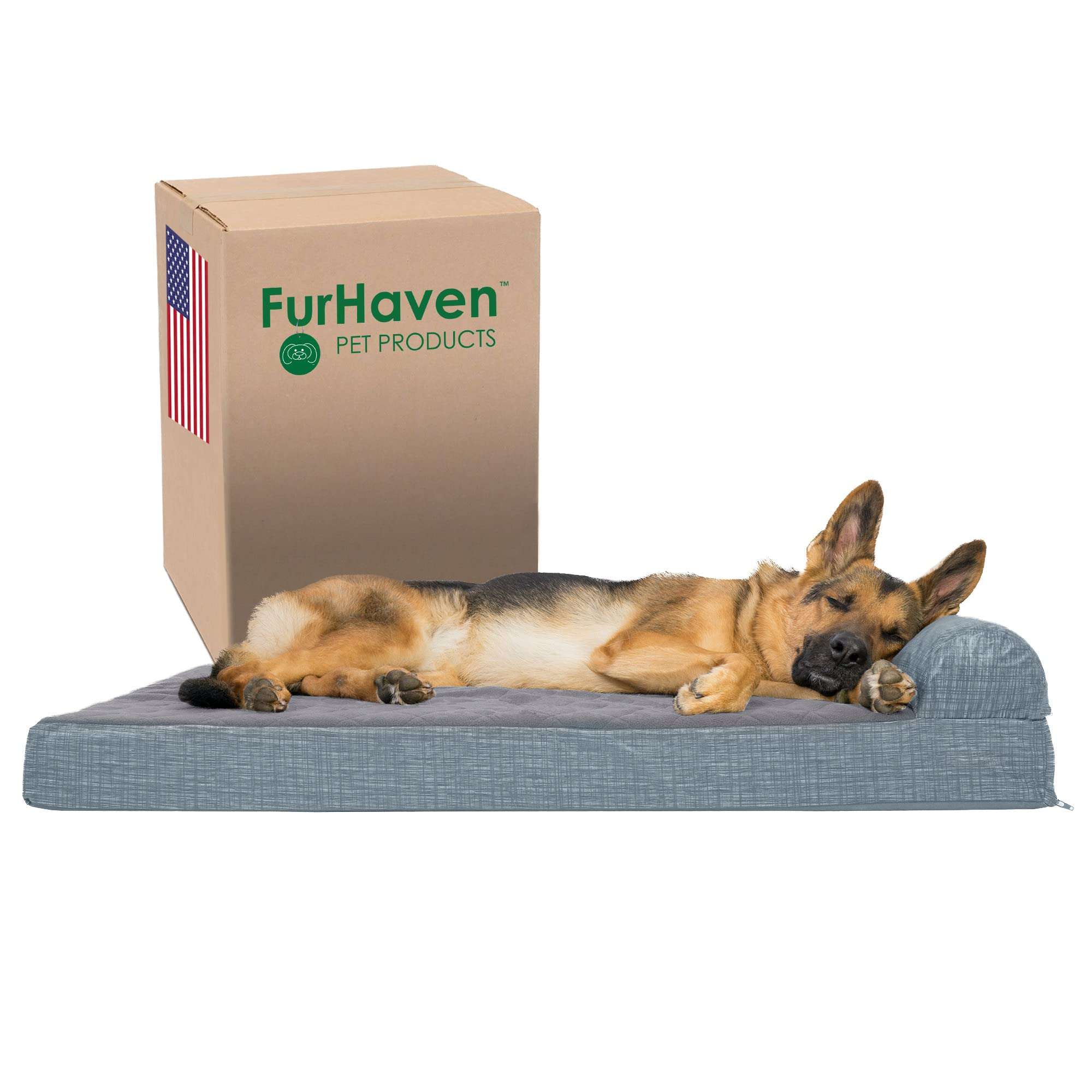 Furhaven Pet 43539287 Jumbo Quilted Fleece & Print Suede Chaise Lounge Orthopedic Sofa Pet Bed, Titanium 1