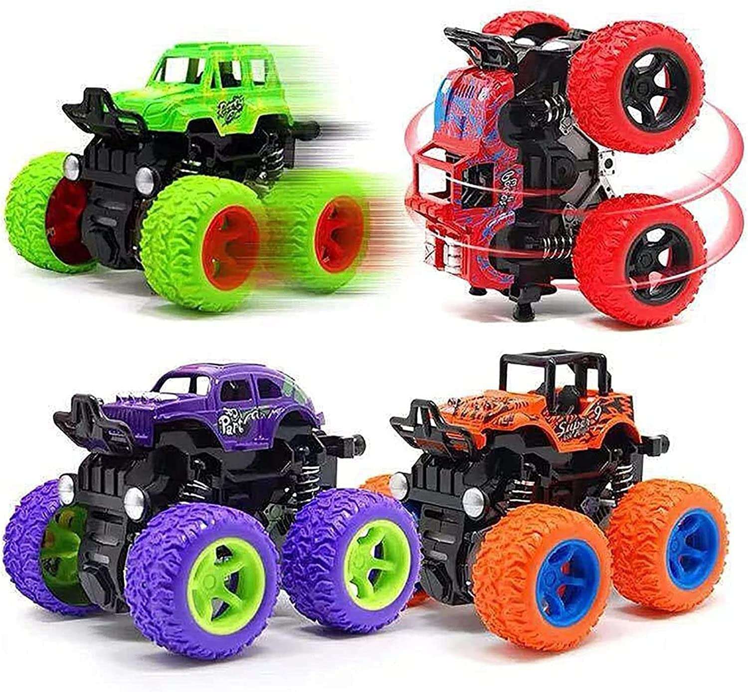 Unbreakable Monster Truck Friction Powered Cars Toys Plastic Truck Big Rubber Tires 360 Degree Rotation Stunt 4WD Cars Birthday Gift for Kids Boys & Girls Pack of 2 (Purple & Red) 3