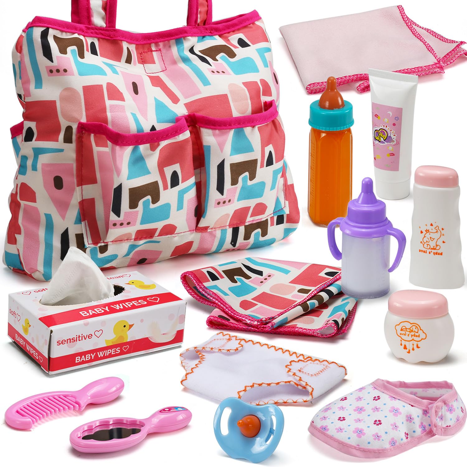 14 Pack Baby Doll Accessories, Baby Doll Feeding and Caring Set Includes Diaper Bag, Doll Diapers, Magic Bottle, Changing Mat for Girl Toddler Kid, Babies Pretend Play Set for Birthday Gift Christmas 1