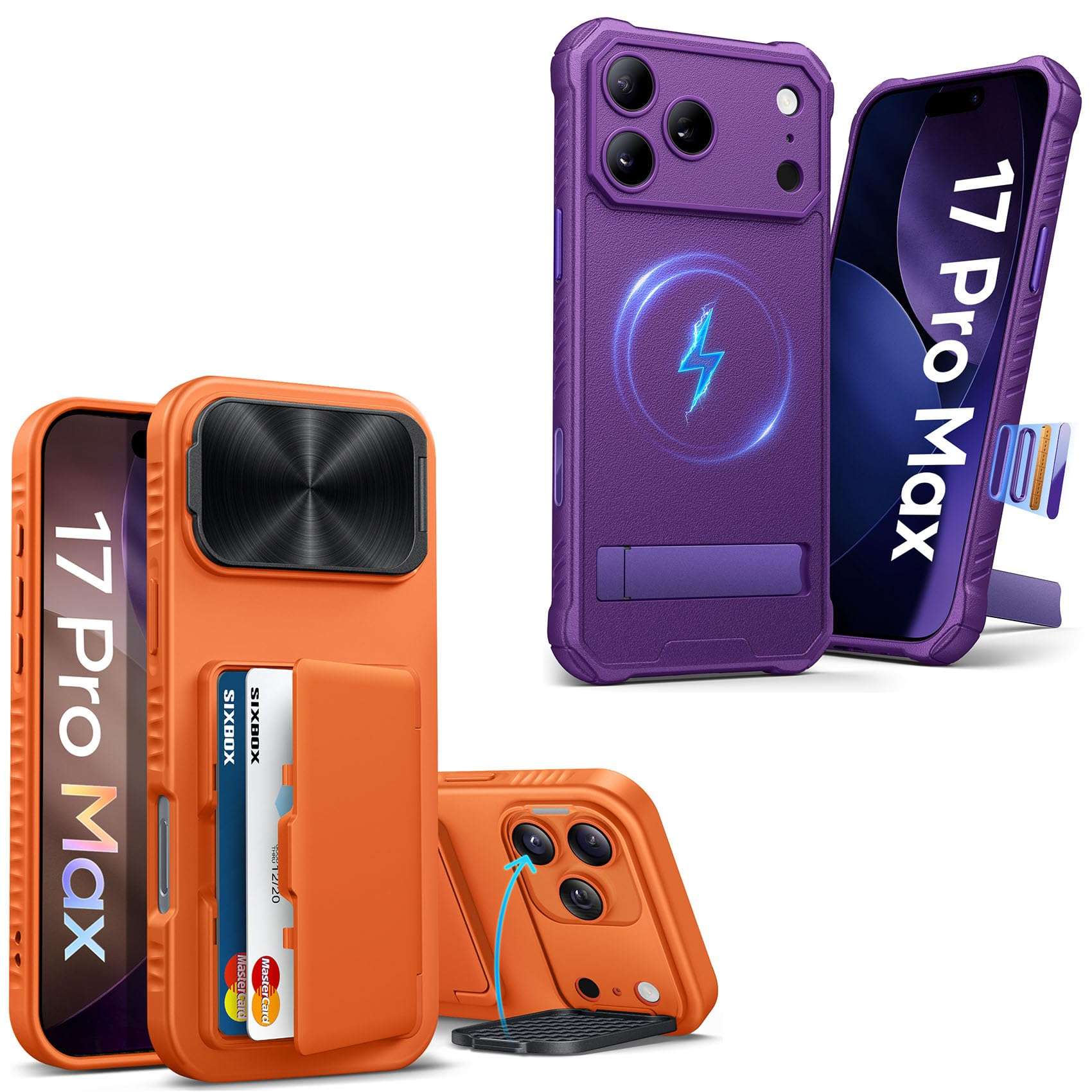 SIXBOX for iPhone 17 Pro Max Case with Credit Card Holder, Built-in Camera Cover & Stand, Rugged Shockproof Protective Phone Case for 17 Pro Max 1