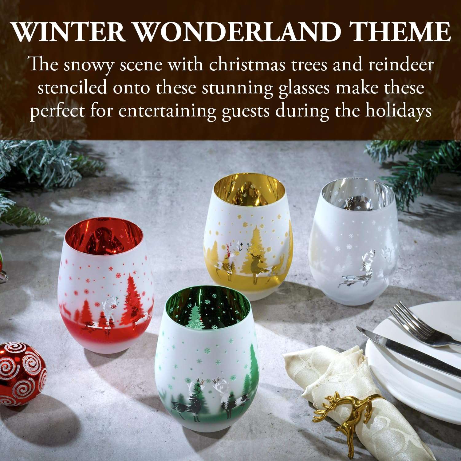 MyGift 14 oz Christmas Stemless Holiday Wine Glasses with Frosted Winter Scene, Festive Glass Drinkware Cups for Xmas Party, Red Green Gold Silver, Set of 4 3