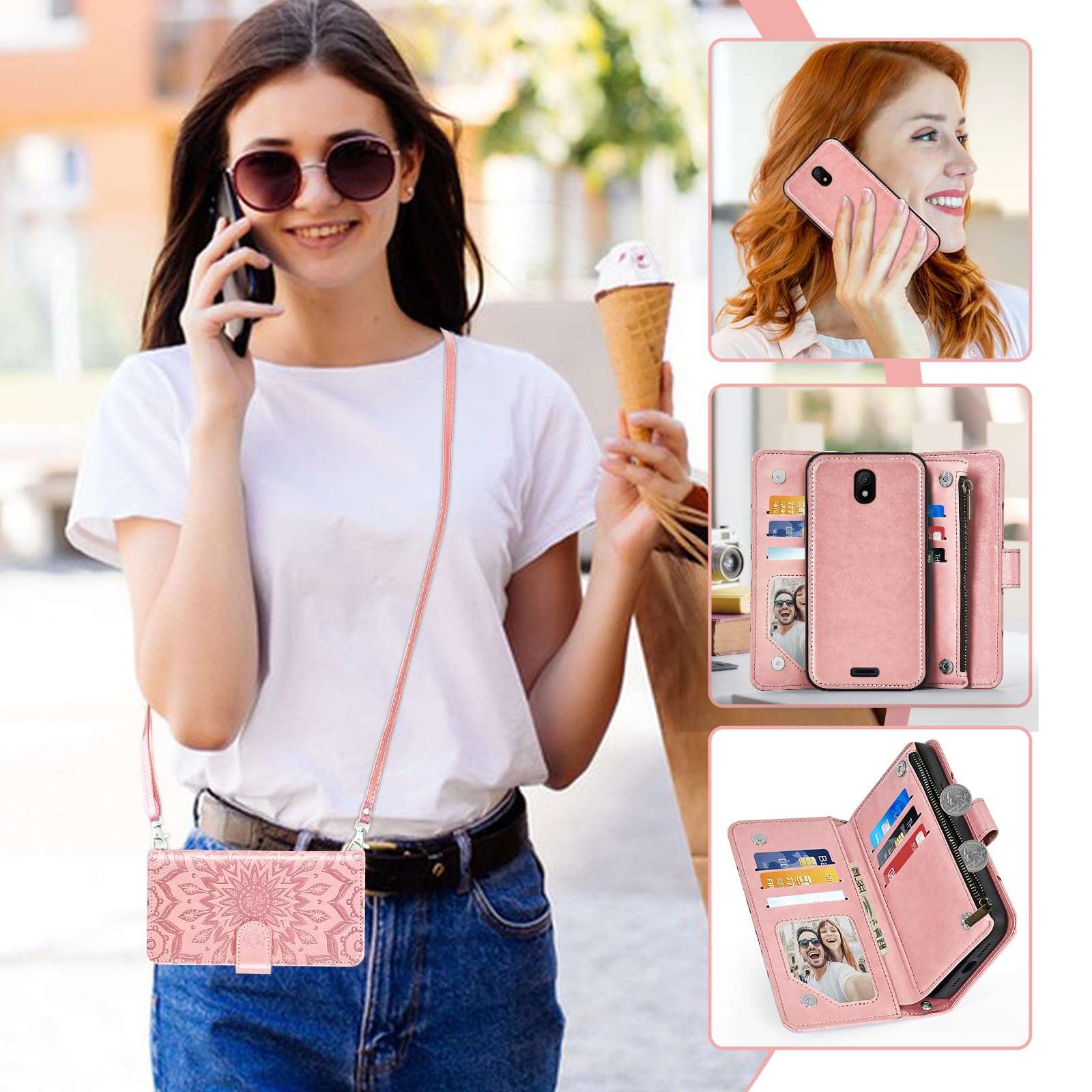Asuwish Phone Case for Nokia C100 4G LTE N152DL Zipper Wallet Magnetic Detachable Cell Cover with Screen Protector Crossbody Lanyard Strap Flip Card Holder Slot C 100 100C 5.45 2022 TA1484 Rose Gold 6