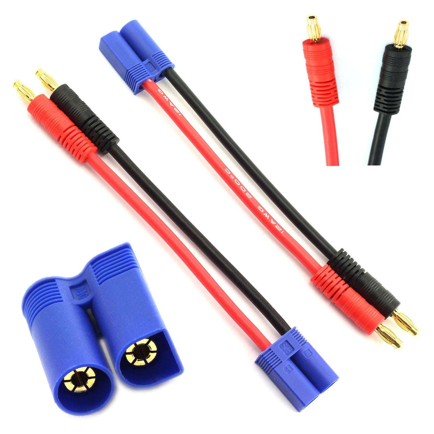 DGZZI 2pcs EC5 Male Connector to 4.0mm Banana Male Plug Lipo Battery Balance Charging Cable 12 AWG Silicone Wire Charger Cable Adapter for RC Helicopter Vehicle Toys 100mm 2
