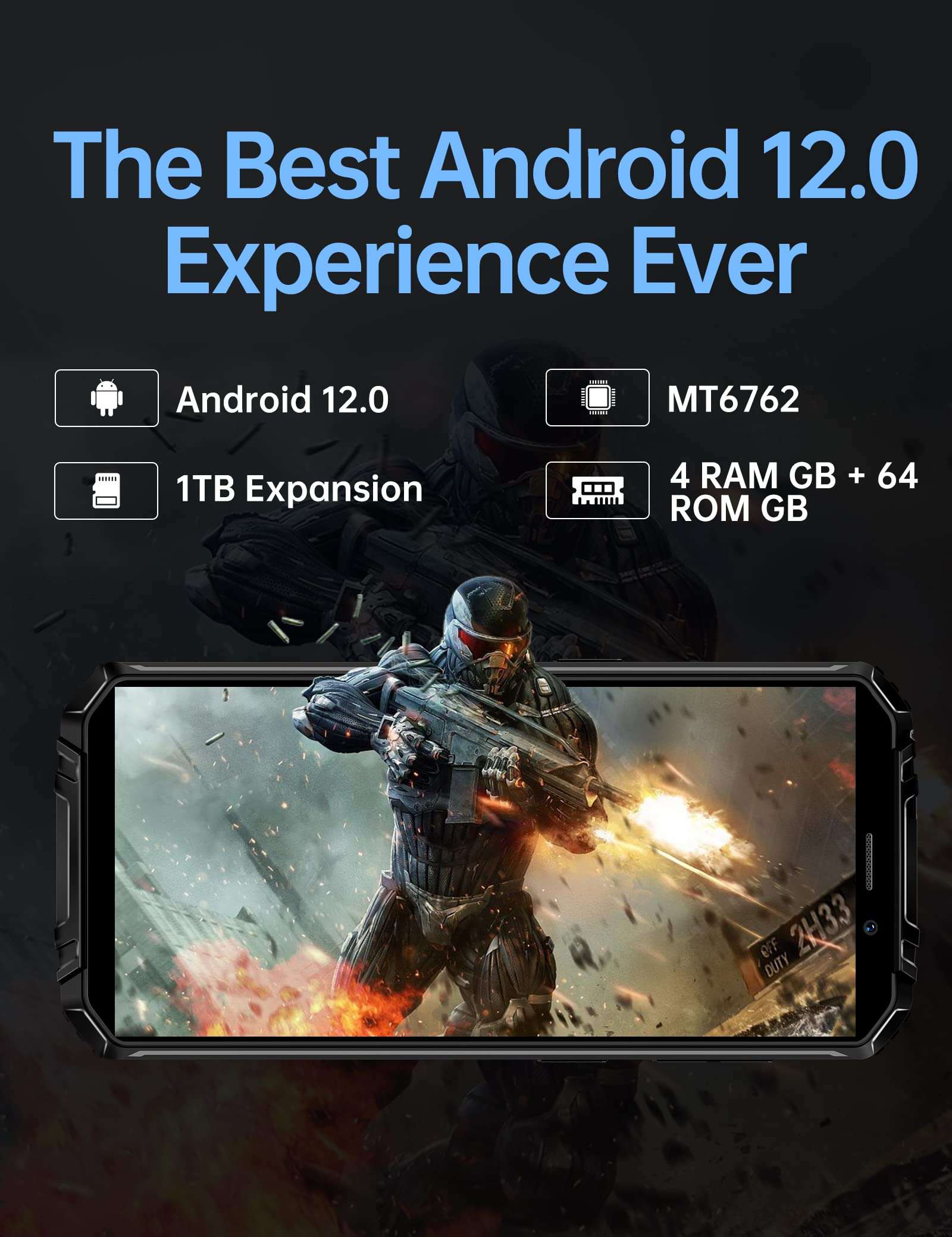 OUKITEL Rugged Smartphone [12500mAh], WP18 Pro (2023) 5.93" Rugged Phone, 4GB + 64GB/1TB, Android 12, 13MP Camera, IP68 Waterproof Unlocked Mobile Phones, 4G Dual SIM,OTG/NFC/GPS/T-Mobile 4