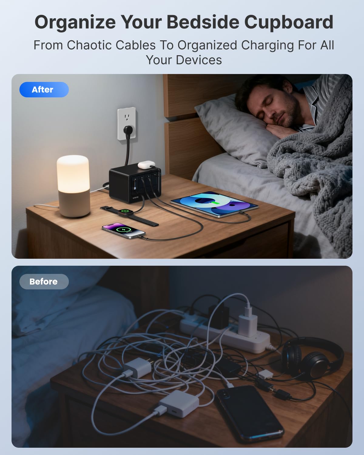 Gitryin 1 DC, 1 Lightning, 2 Type-C Retractable Wall Chargers with 2 USB A Ports and 1 Power Strip, 12-in-1 Desktop Charging Station 3