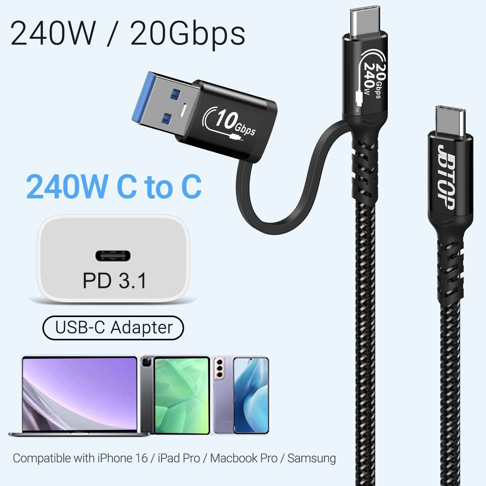 JBTOP 2-in-1 Android Auto USB C Cable 1.5ft[2Pack], USB-C 240W Fast Charging 10Gbps Superspeed Data Transfer Cable, Compatible with iPhone 16 15 Pro Max, Galaxy S23, Pixel 9 Pro XL 5