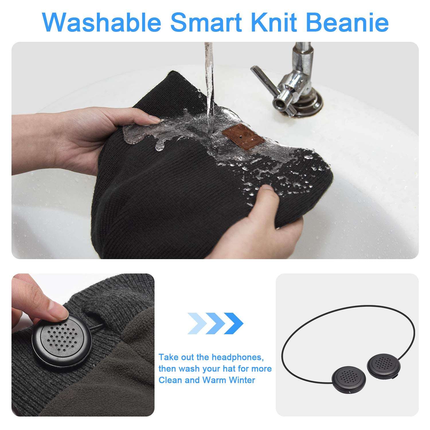 MUSICBEE Bluetooth Beanie，Bluetooth V5.2, 24 Hour Play time, Built-in Microphone and HD Stereo Speakers, Wool Lined for Outdoor Homes and Gifts - Neutral(Black 5