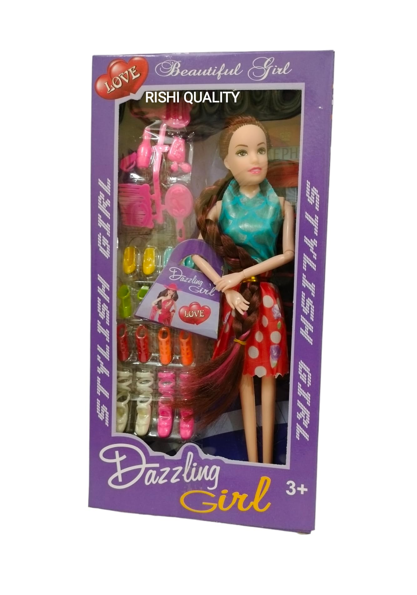 RISHI QUALITY Cute Long Hair Doll Toy with Moveable Arms, Hands for Girl. Doll with Accessoires for Playing. Birthday Return, Wedding, Diwali, Rakshabandhan Gift. (Doll Set) 1