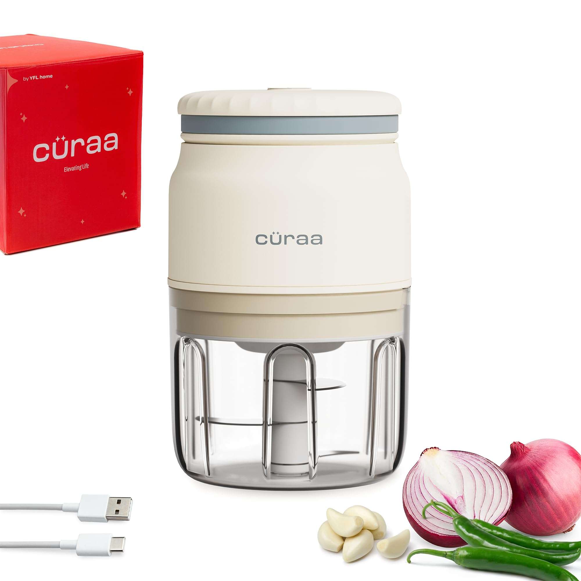 Cüraa ChopLab Neo, Mini Electric Chopper for Kitchen | Portable Food Processor with Stainless Steel Blade | Rechargeable, Ideal for Mincing Garlic, Ginger, Onion, Vegetable & Nuts 250 ml 1