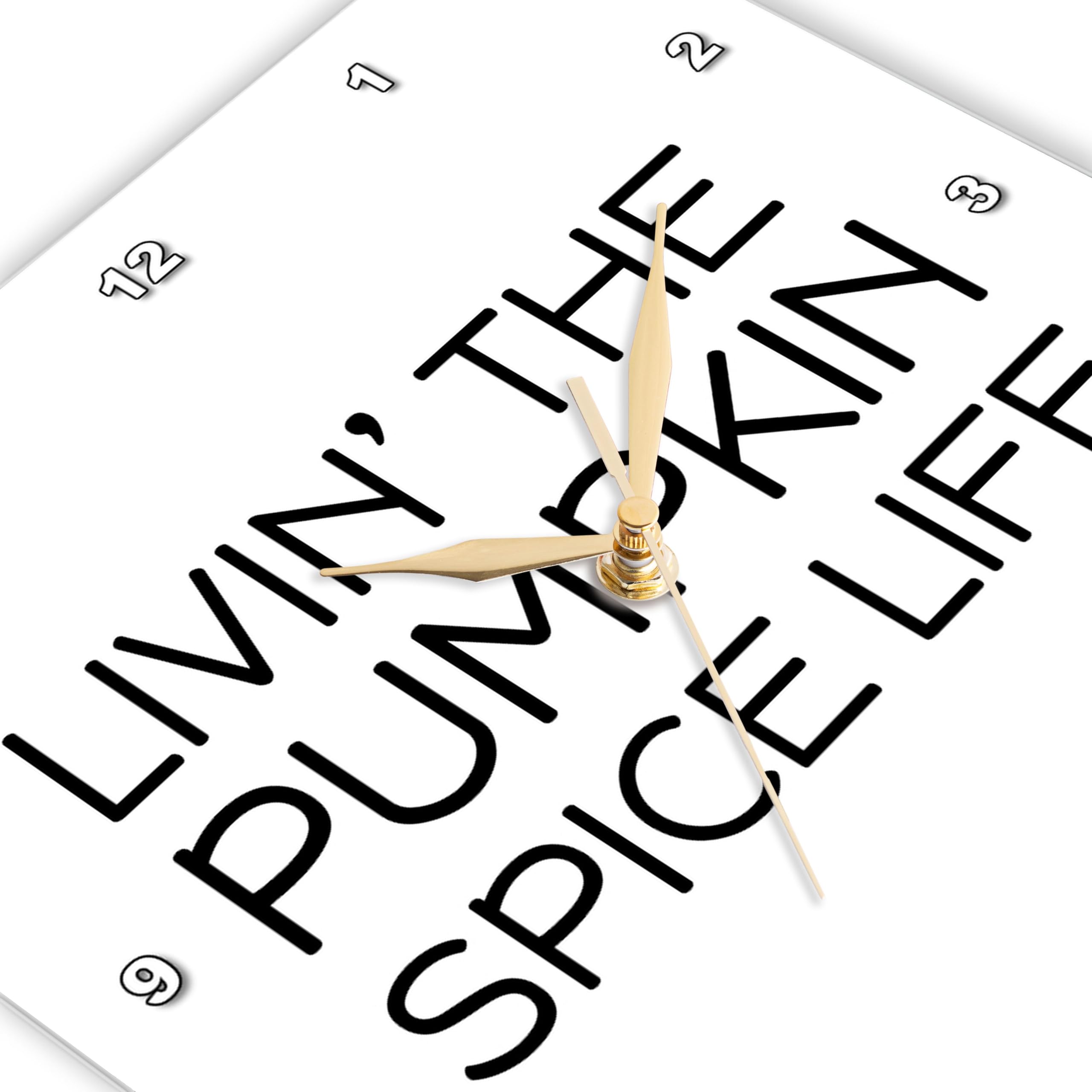 3dRose Wall Clock Silent - 13 inch - Livin The Pumpkin Spice Life. Black Lettering on White Background. - Stamp City - Typography 4
