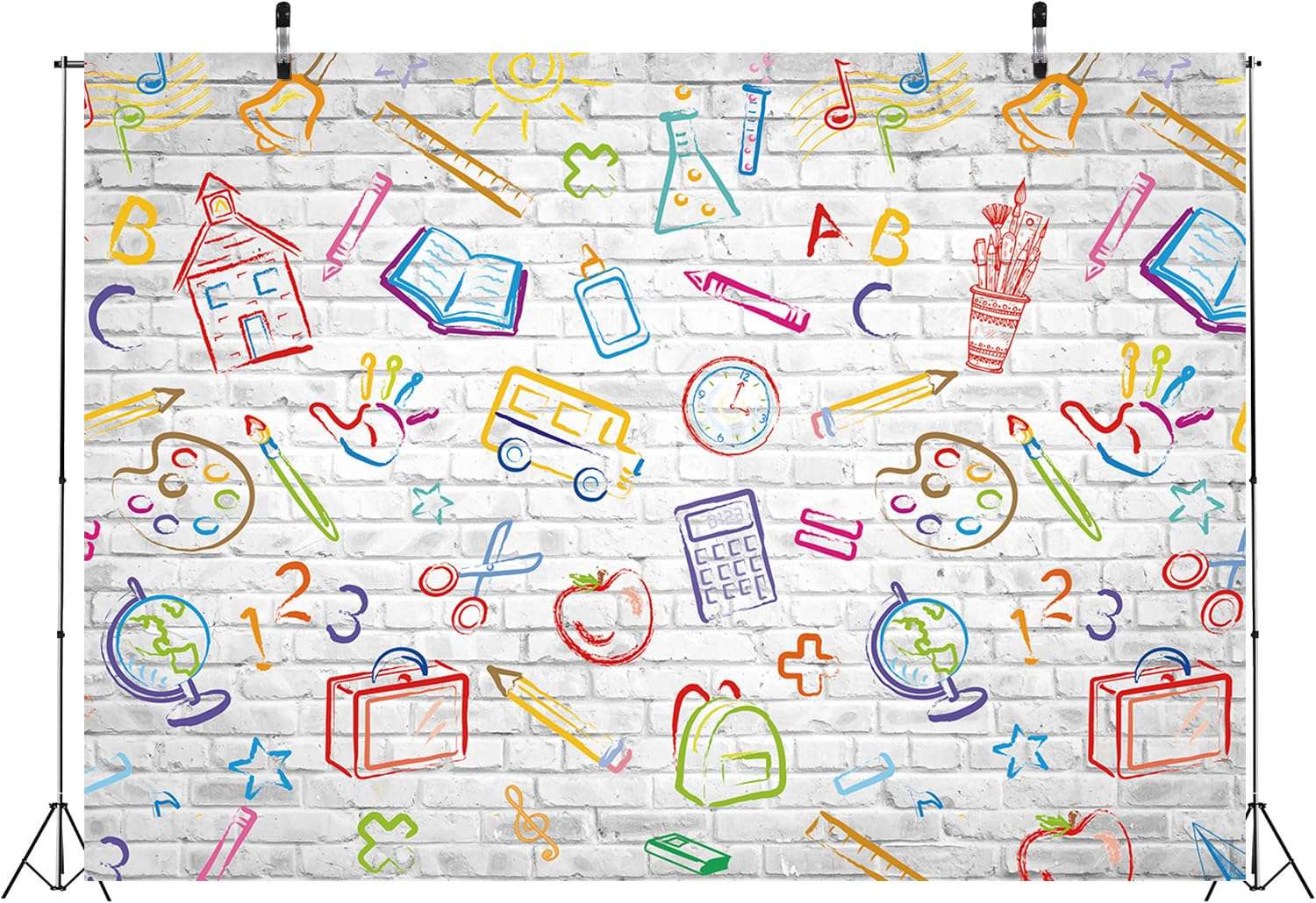 Back to School Backdrop Hand Painted Pencils Books White Brick Wall Photography Background First Day of School Banner Online Teaching Party Decorations Photoshoot Studio Props (10x8FT: 120x96 inch) 6