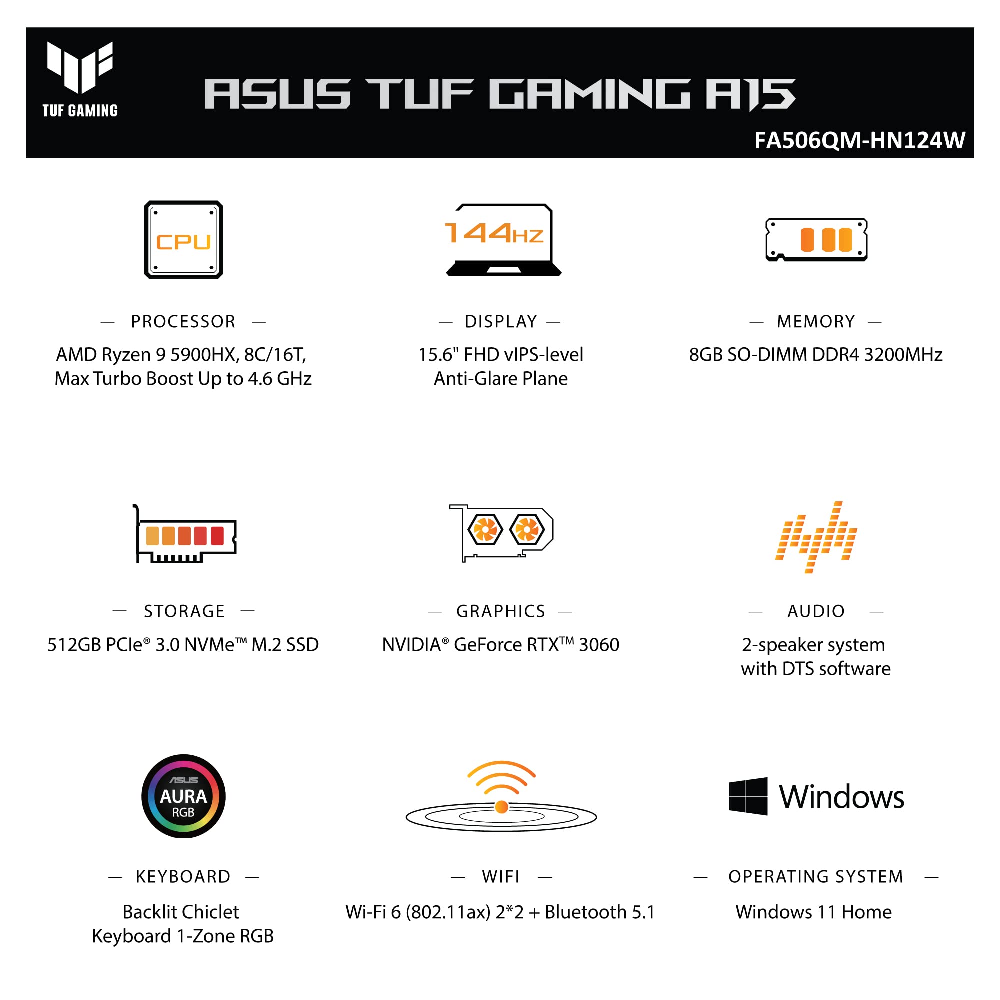 ASUS TUF Gaming A15, 15.6" (39.62 cm) FHD 144Hz, AMD Ryzen 9 5900HX, 6GB RTX 3060, Gaming Laptop, FA506QM-HN124W + VP5700 TUF 17" (43.18 cm) Backpack (Black) 3