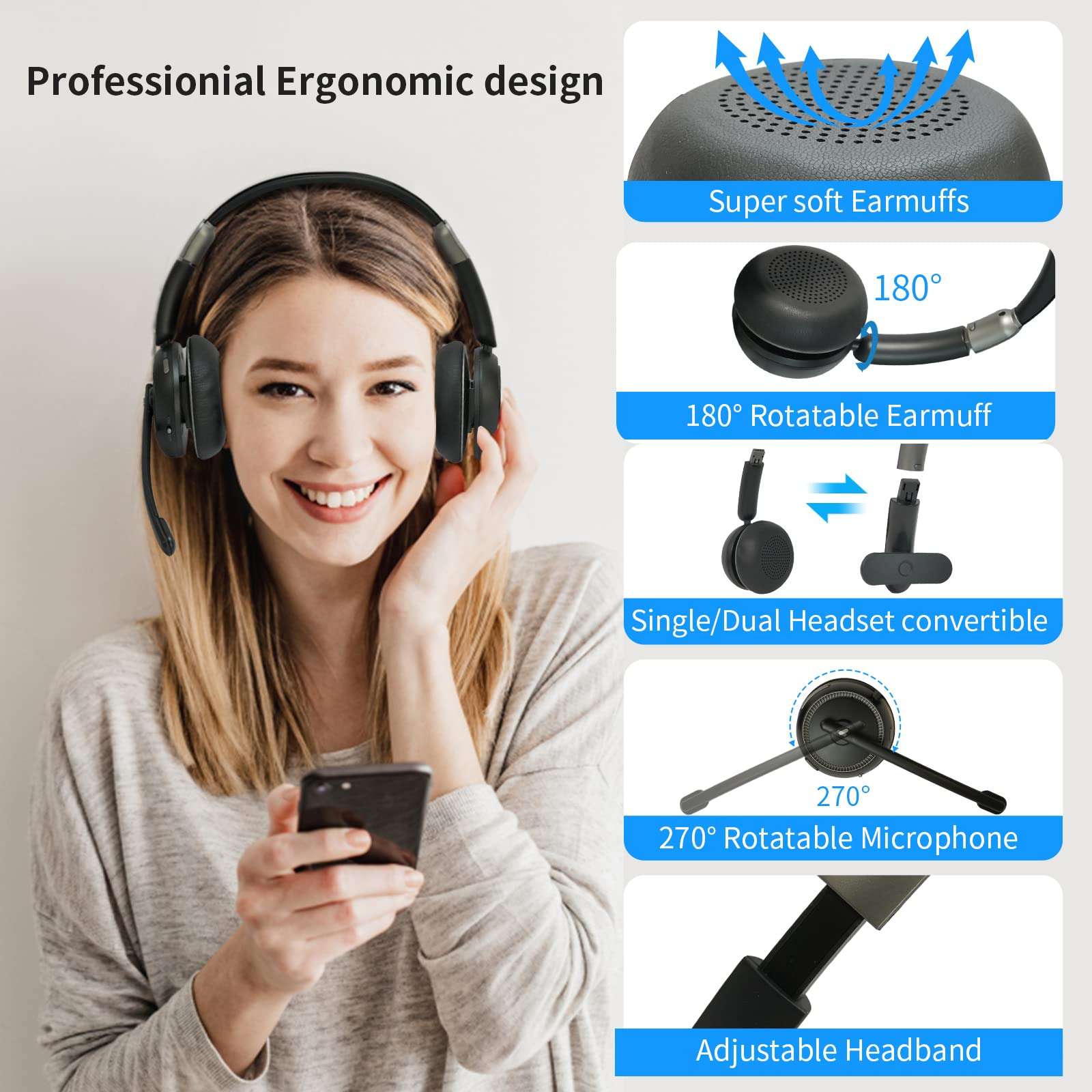 FF Fongee Bluetooth Headset with Microphone, V5.2 Single and Dual Ear Wireless Headphones with AI Noise Cancelling for Cell Phone, Laptop,Trucker, Home Office, Call Center,Zoom, Online Class 1 6