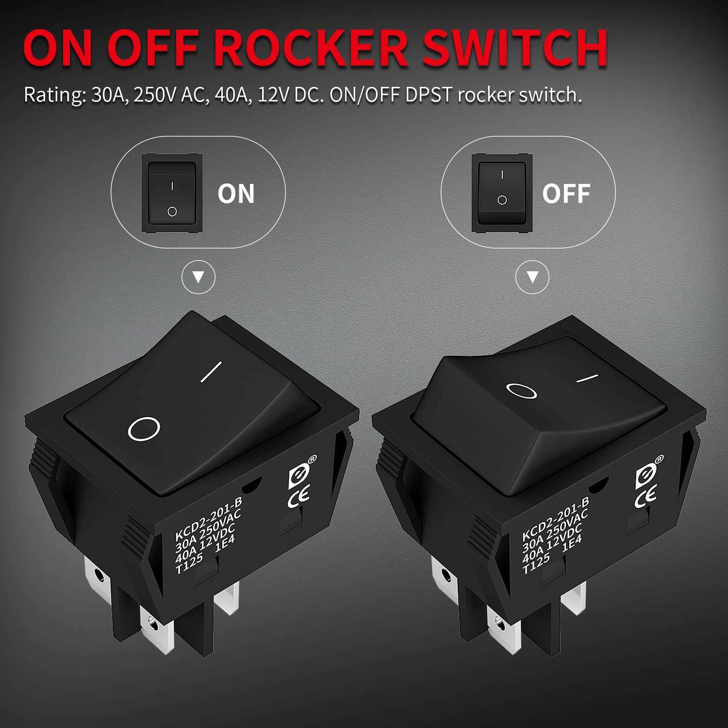 DaierTek DPST KCD4 Rocker Switch 40A 12V DC 4 Pin 2 Position Switch ON Off Toggle Switch 30A 250V AC 120V T125 KCD2 Boat Rocker Switch -3Pcs 3