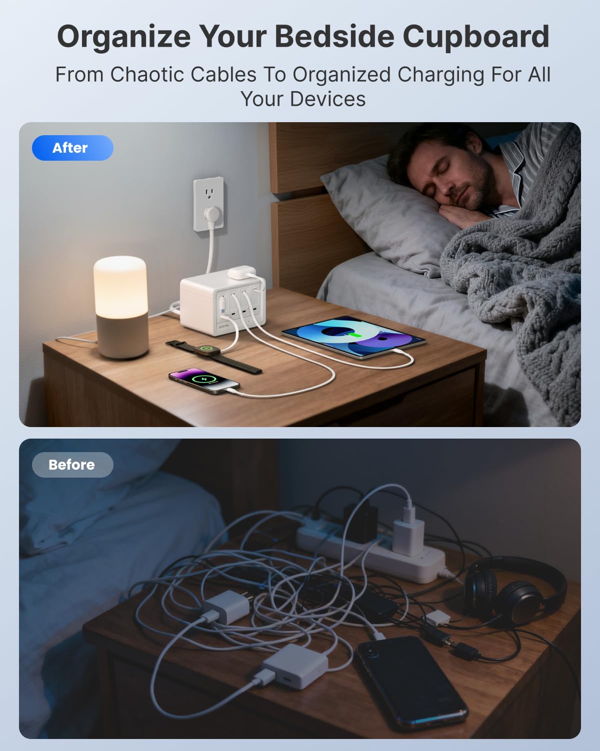 Gitryin 1 Lightning, 3 Type-C Retractable Wall Chargers with 1 USB A Port and 1 Power Strip, 12-in-1 Desktop Charging Station 3