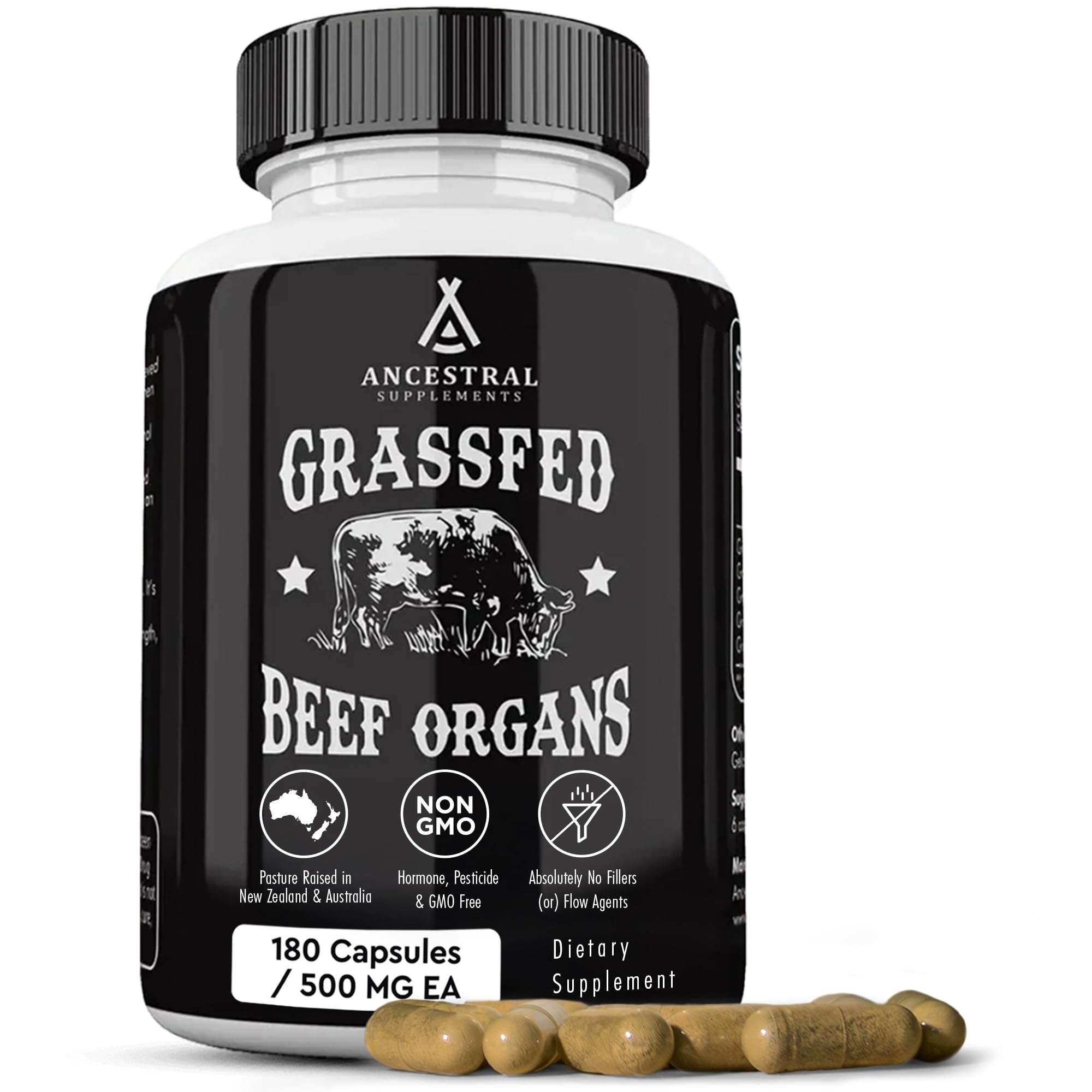 Ancestral Supplements Grass Fed Beef Organ Supplement, Supports Whole Body Wellness with Proprietary Blend of Liver, Heart, Kidney, Pancreas, Spleen, Freeze-Dried Beef, Non-GMO, 180 Capsules 1