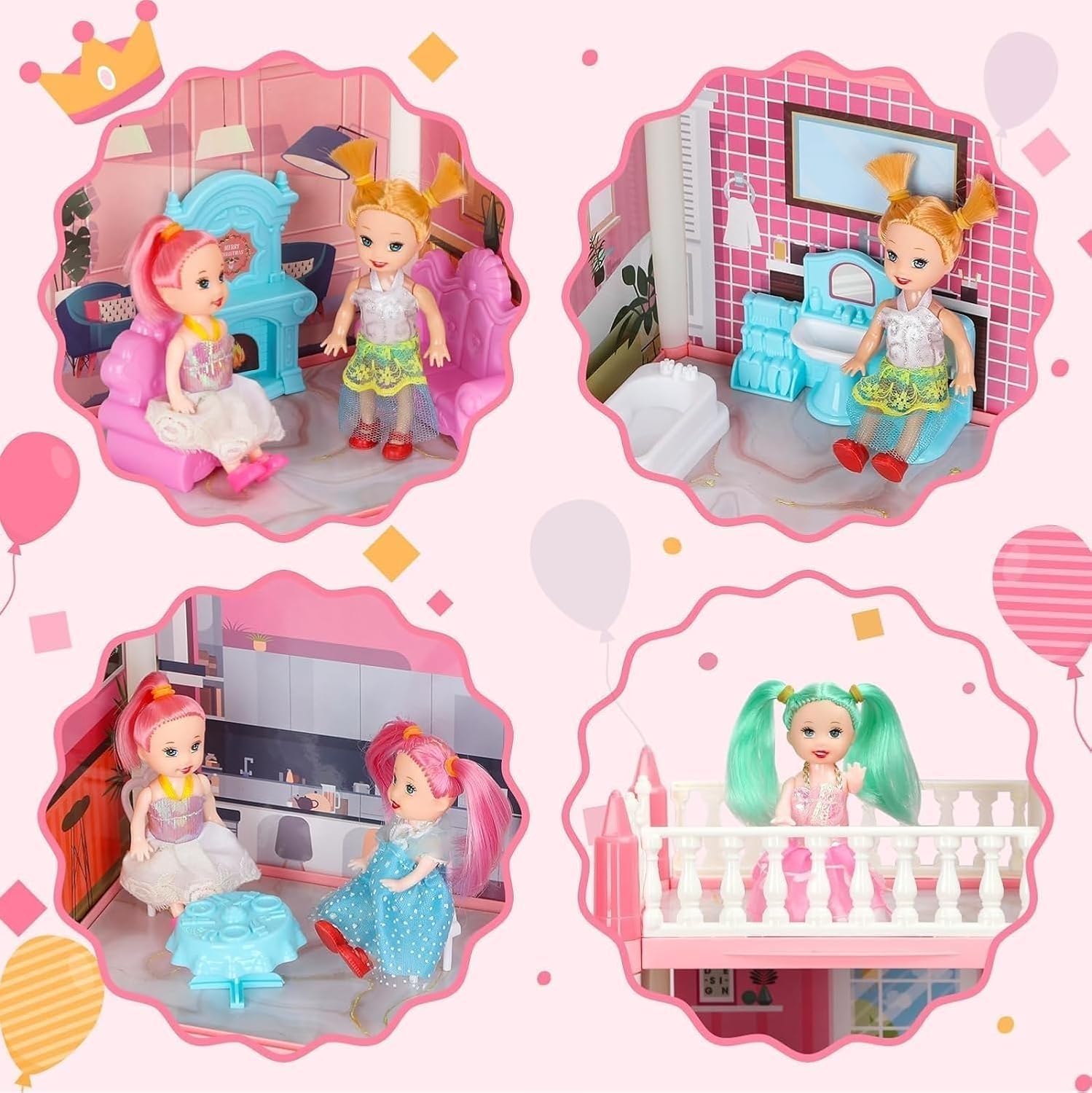 JETRA Dollhouse Villa Toys, Playset with LED Lights, Movable Slides, Stairs, Furniture, Accessories, Dolls and Pets, Cottage Pretend Play House, DIY Creative Gift for Girls Toddlers 4