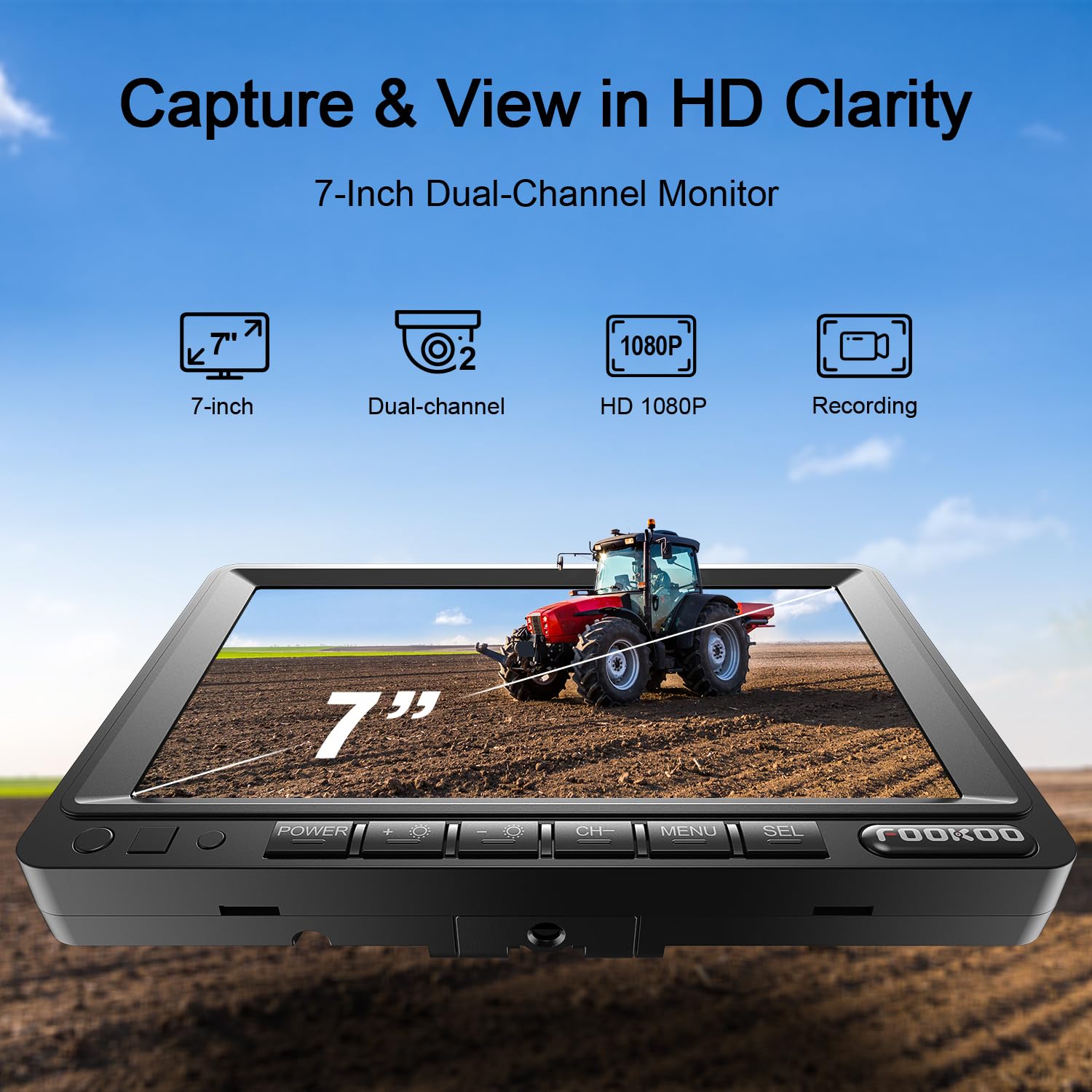 Fookoo 7" HD 1080P Wired Backup Camera System, IP69 Waterproof Vibration-Proof Rear View Camera IR Night Vision Dual Split Screen for Tractor/Excavator/Truck/Skid Steer/Harvester/Caravan - DY701 3