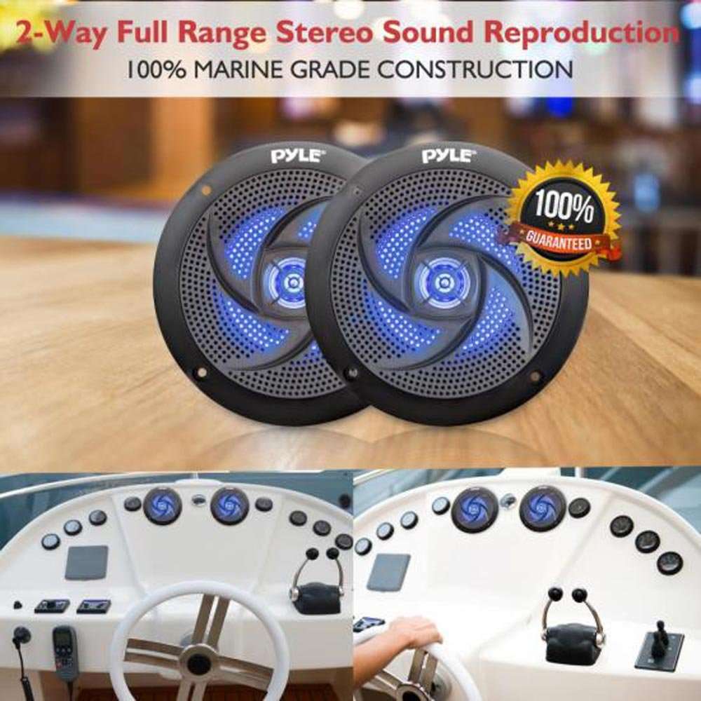 Pyle Low-Profile Waterproof Marine Speakers - 100W 4 Inch 2 Way 1 Pair Slim Style Waterproof Weather Resistant Outdoor Audio Stereo Sound System w/ Blue Illuminating LED Lights - Pyle (Black) 6