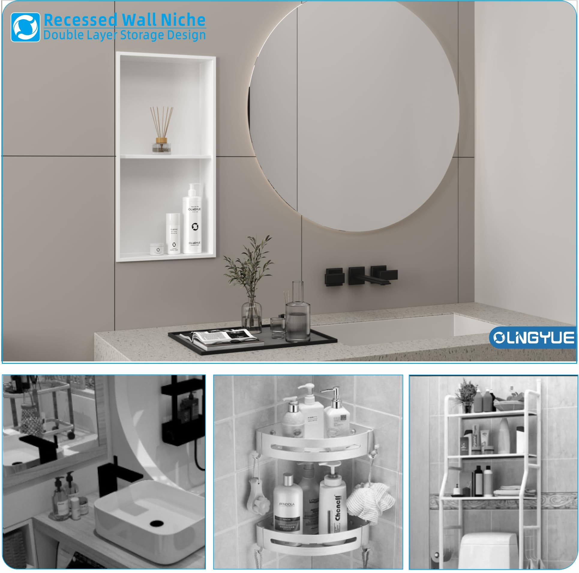 OLNGYUE Bathroom Shower Niche Stainless Steel: No Tile Needed Double Layer - 12"x24" Recessed Wall Niches Shelves for House Decoration - Matte White 4
