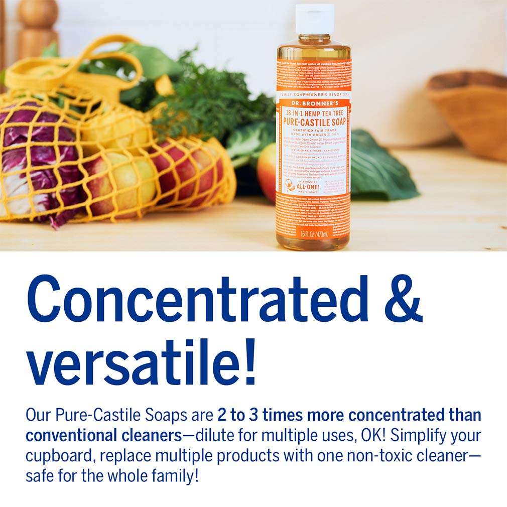 Dr. Bronner’s - Pure-Castile Liquid Soap (Tea Tree, 16 ounce) - Made with Organic Oils, 18-in-1 Uses: Acne-Prone Skin, Dandruff, Laundry, Pets and Dishes, Concentrated, Vegan, Non-GMO 5