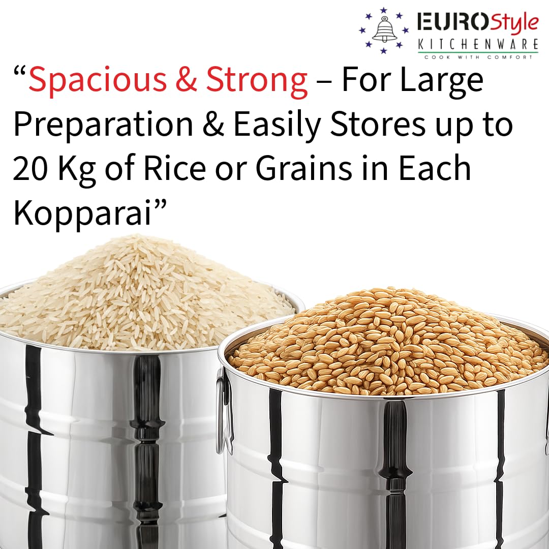 EUROStyle Stainless Steel Kopparai Combo Set of 2 (15L & 20L) – Multipurpose Heavy-Duty Cook - For Large Preparation & Store Pots for Rice, Curries, and Kitchen Storage - For Healthy Cooking & Storage 6