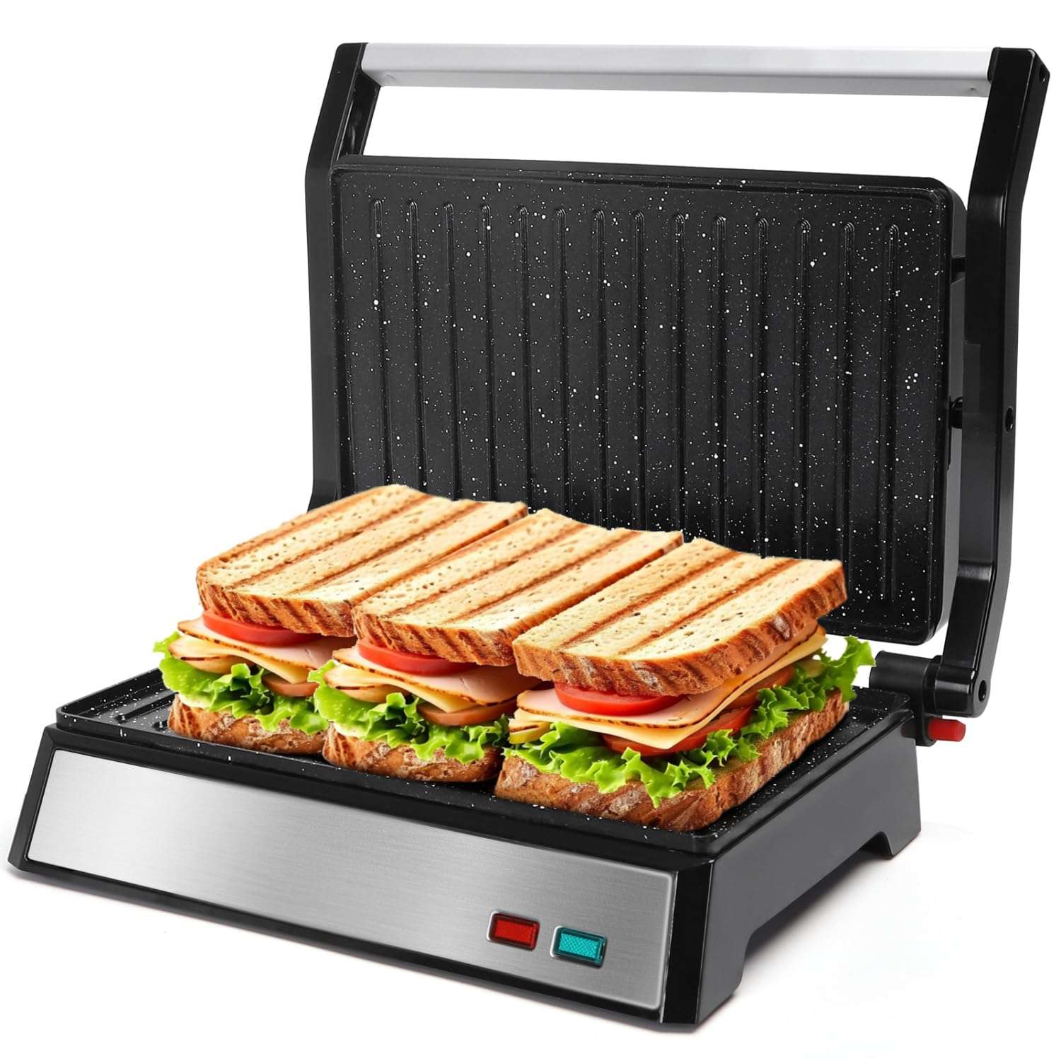 Aigostar Panini Press, 1200W Sandwich Maker and Electric Indoor Grill with Ceramic Non-Stick Coated Plates, Opens 180°to Fit Any Size of Food, Stainless Steel Surface & Removable Drip Tray, Silver 1