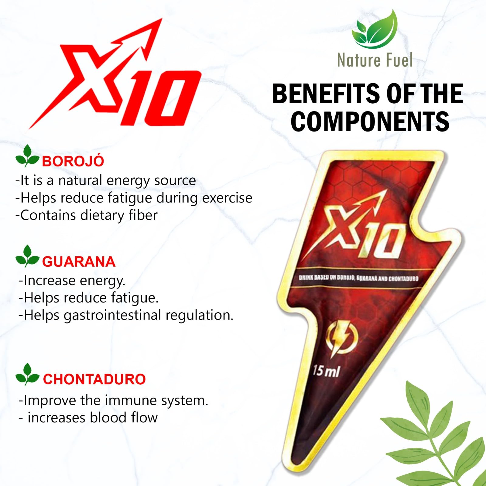 X10 Natural Supplement - Chontaduro, Guarana, and Borojó Blend | 15ml Sachets (7-Pack) | Plant-Based Energy Support. 4