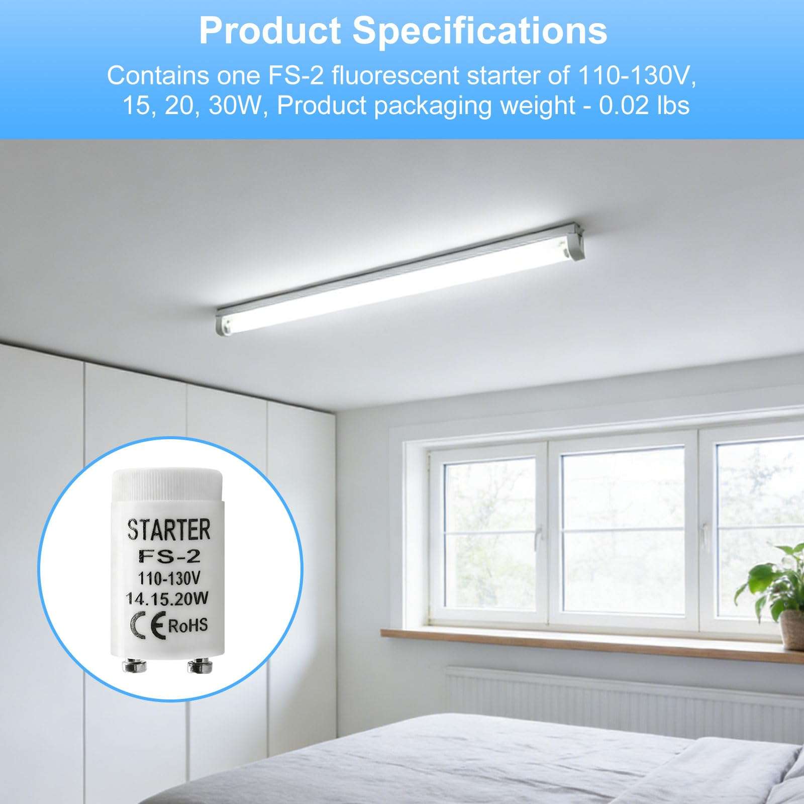 FS-2 Fluorescent lamp Starter for 14W, 15W, 20W Indoor/Outdoor Fluorescent fixtures, FS-2 Starter Tube, Compatible with Leviton 12409 FS-2 Fluorescent Starter 5