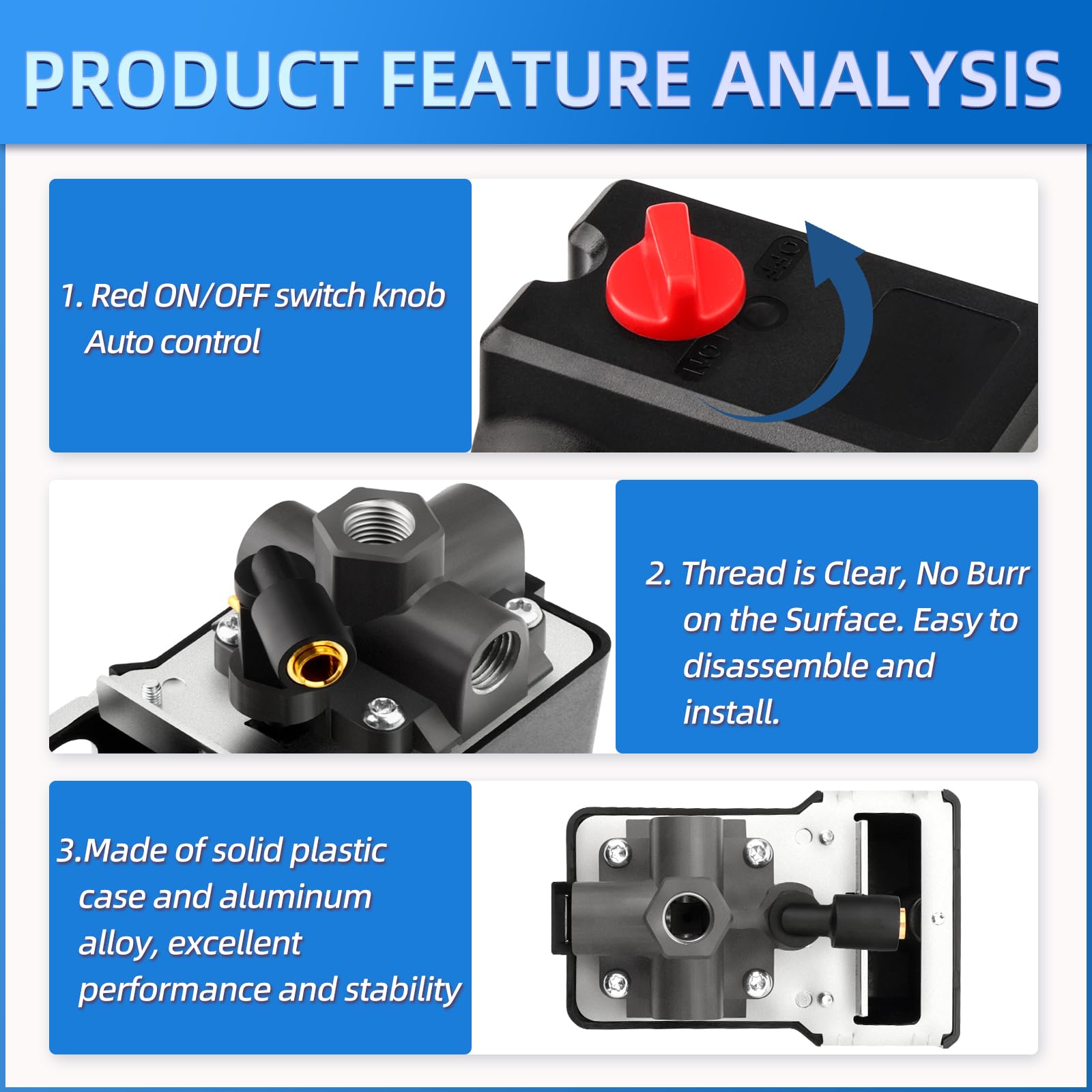 MEANLIN MEASURE Air Compressor Pressure Switch Control Valve 120-155 PSI 110V-240V 4-way Lateral Port Replacement Parts With 0-200 Psi Pressure gauge and Safety Pressure Relief Valve 5