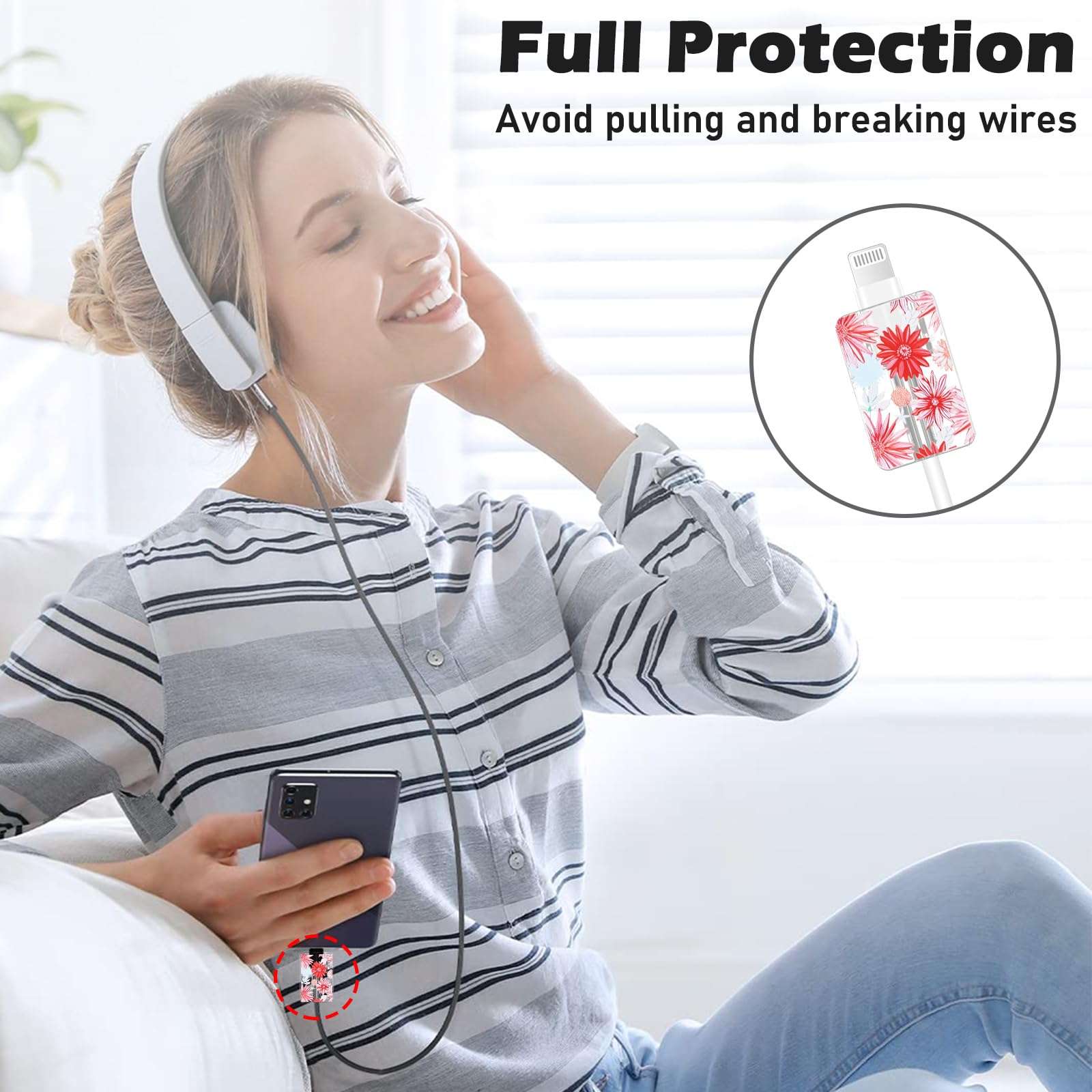 Cute Cable Protector for iPhone Adapter Charger, Red Chrysanthemum Flowers Design, Soft TPU Data Cable USB-C Case Data Line Cord Saver Charger Protective Case for iPhone 11 12 13 14 15 Pro Max 6