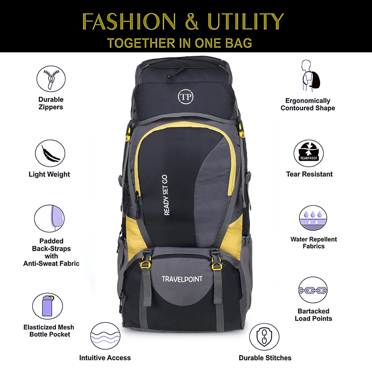 TRAVEL POINT 60L Waterproof Travel Backpack for Outdoor Sport Camp Hiking Trekking Bag Camping Rucksack with Shoe Compartment Tourist Mountain Climbing Bag for Men and Women with rain cover (CURVE-BLACK) 1 Year Warranty 5
