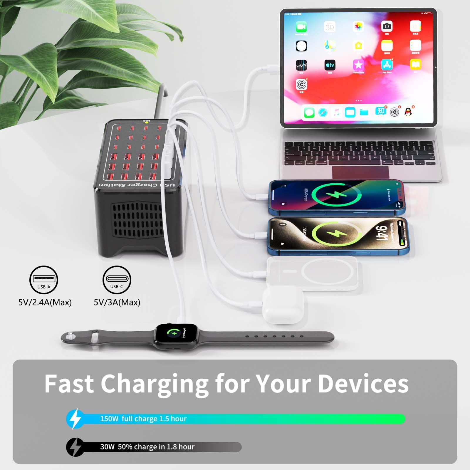 150W(30A) USB Charging Station, 30-Port USB C Charger Block, Multiple Desktop/Wall Fast Charger with Intelligent Protection Compatible with iPhone, iPad, Tablets, Smartphones 4