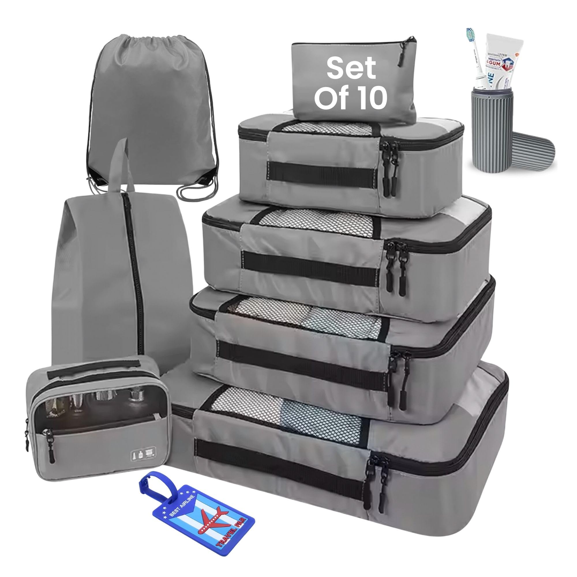 Oceanevo Set of 10 Packing Cubes with Luggage Tag and Toothbrush Holder, Travel Organiser Bags for Luggage, Suitcase Organizer for Travelling for Clothes, Shoe and Lingerie - Model 2.0 - Grey 1