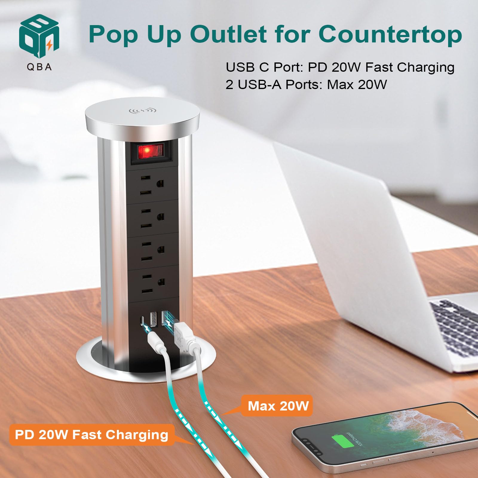 Automatic Pop Up Power Outlet, Popup Wireless Charging Station with 3AC Plugs + 2 USB, Pop up Electrical Outlets for Countertops, Recessed Hidden Outlet for Kitchen Island Conference (Silver White) 2