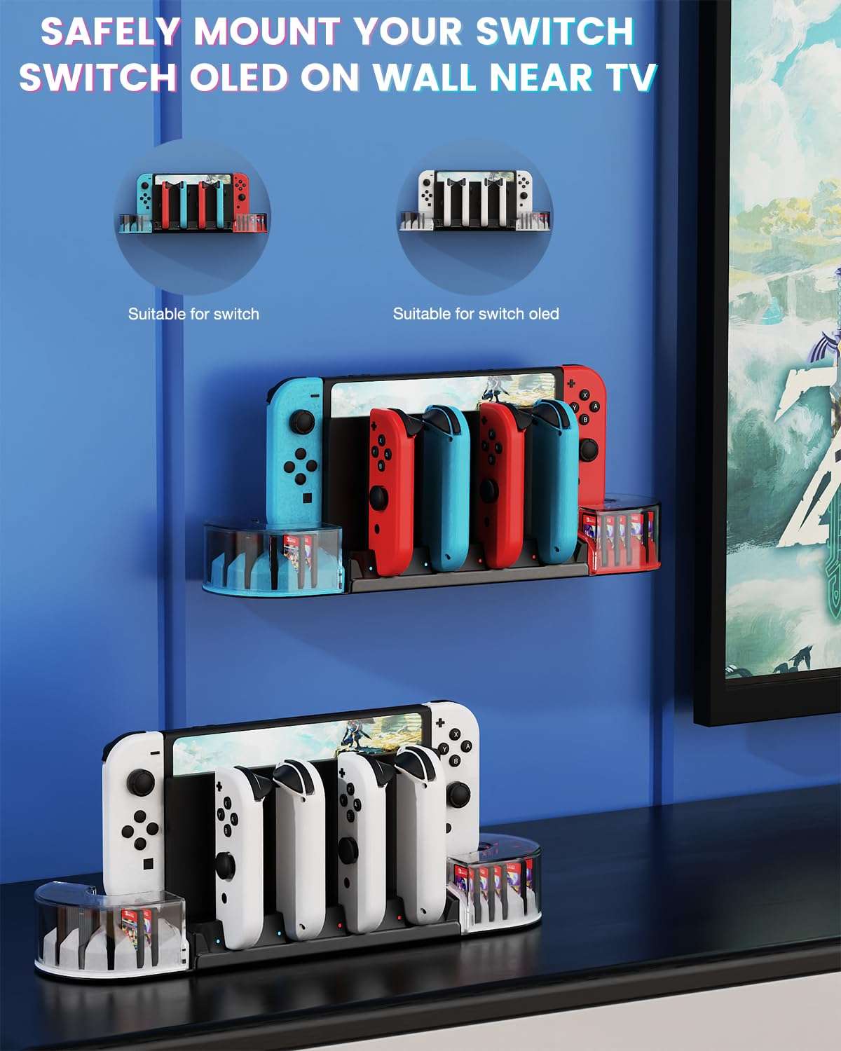 KUNSLUCK Switch Wall Mount with Joy-Con Charger, Wall Mount Switch Charging Dock Station with 20 Game Card Storage and 6 Charger for Joy-Con (Black) 3