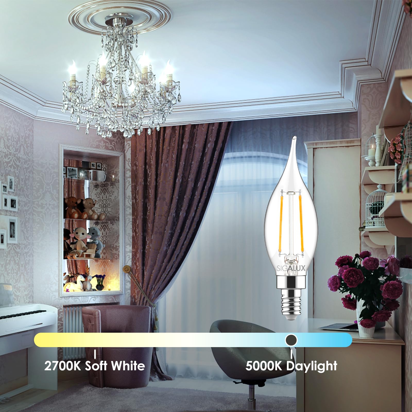 Sigalux E12 LED Bulb Candelabra Base 60 watt LED Chandelier Light Bulbs Dimmable, Flame Tip Candelabra LED Bulbs, 4.5W, 500LM 5000K Daylight, CA10 Candle Light Bulbs, 24 Packs 5