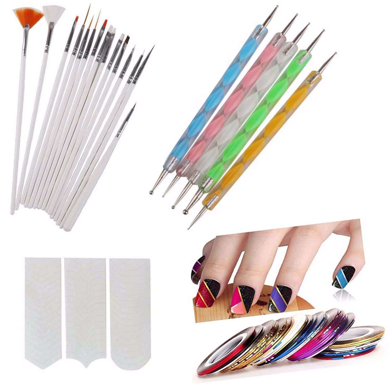 JOTKAPARKASH Nail Brush Set 15 pc , 2 Way Marbleizing Dotting Pen 5 pc, Nail Striping Tape 10 pc , French Manicure Nail Art Tip Guide Sticker 1 pc 1