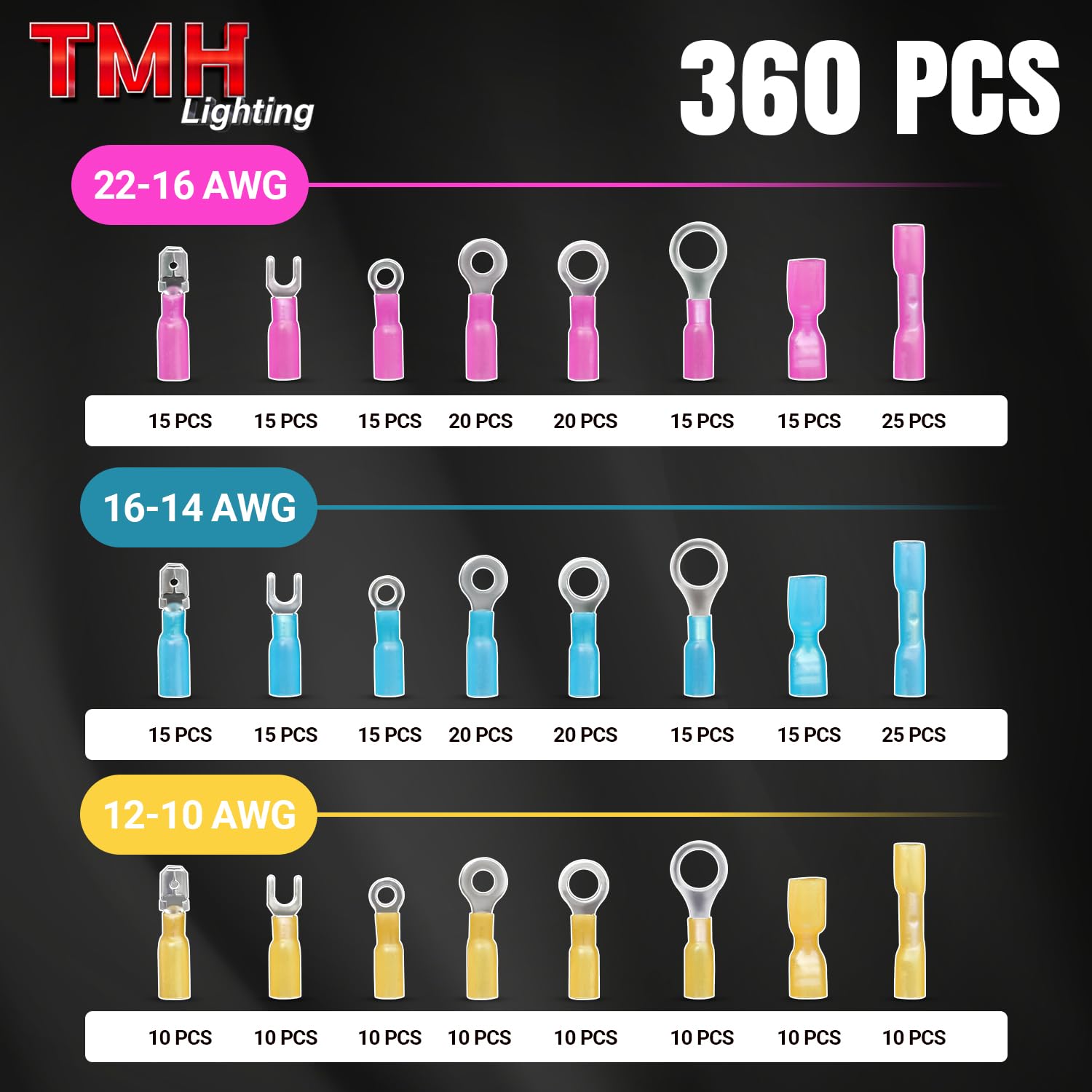 TMH 360 Pcs Crimping Tool for Heat Shrink Connectors Marine Grade Heat Shrink Wire Connectors, Waterproof Butt Connector AWG 22-10 Electrical Ring Fork Spade Splice 3
