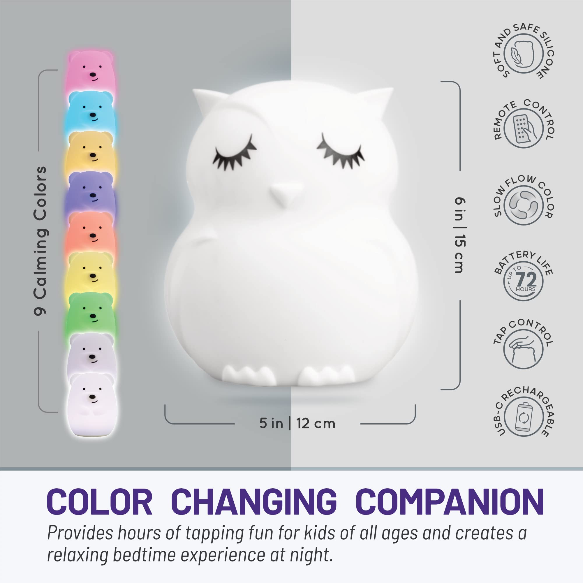 LED Nursery Night Lights for Kids: Ueasy Cute Animal Silicone Baby Night Light with Touch Sensor - Portable and Rechargeable Infant or Toddler Cool Color Changing Bright Nightlight Lamp 5